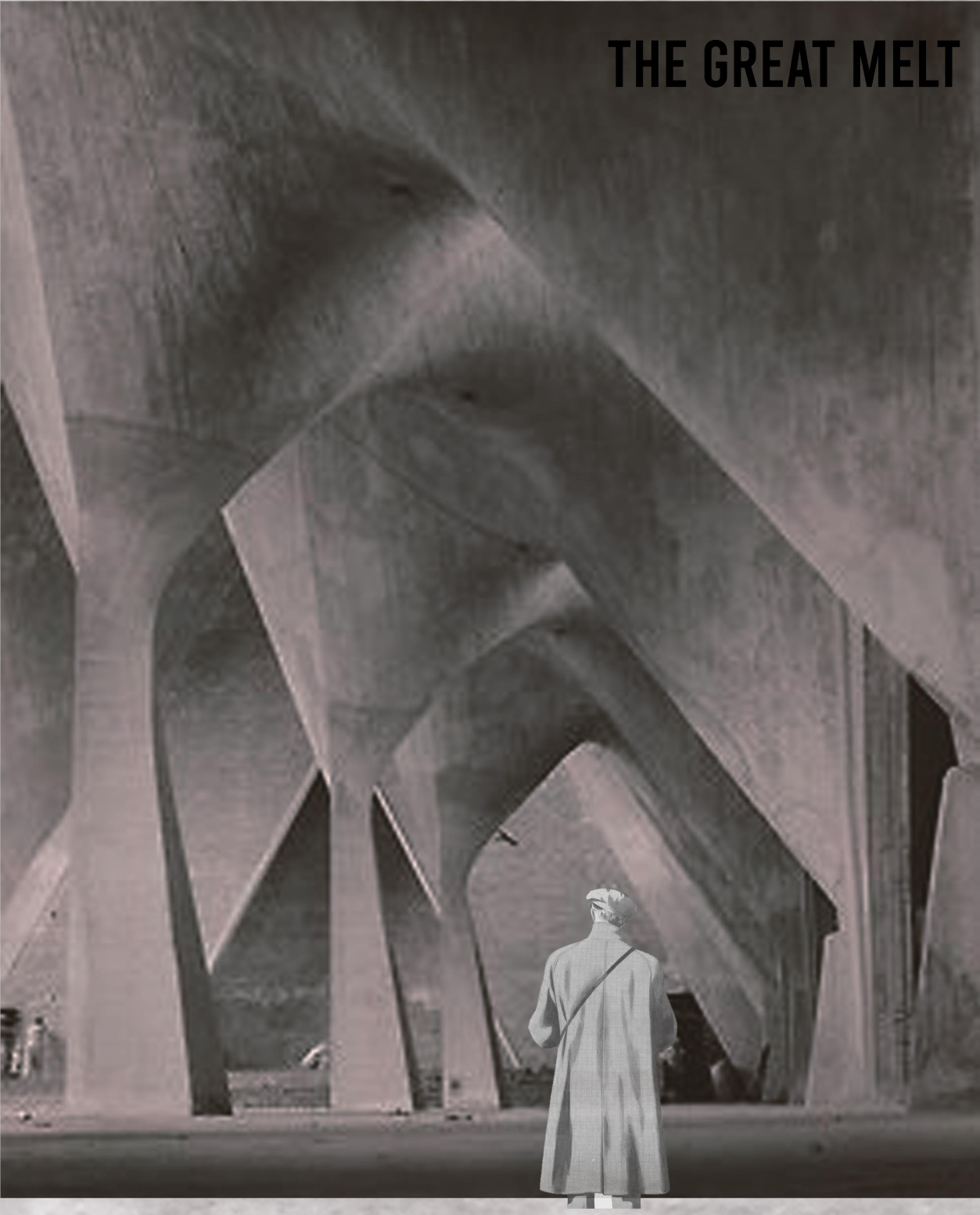 Monolithic forms dissolve into fluid geometries, echoing the collapse of glaciers and climatic balance.