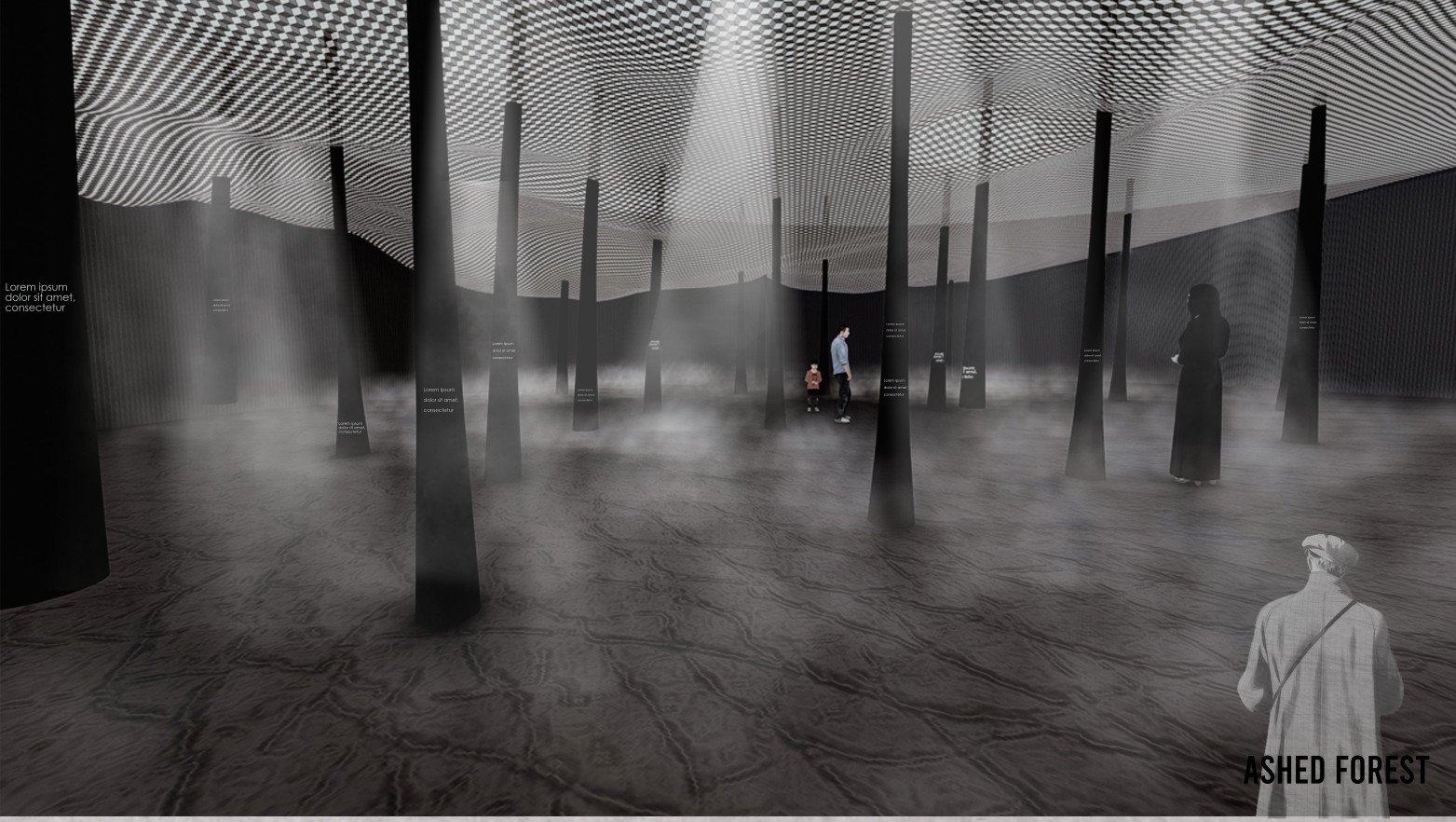 Charred landscapes and suspended silence recreate the aftermath of environmental destruction.