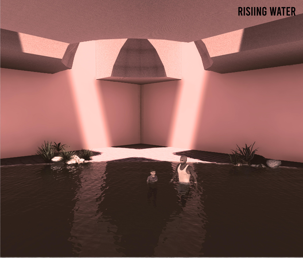 Light pierces flooded interiors, framing a fragile coexistence between humans and a drowning world.