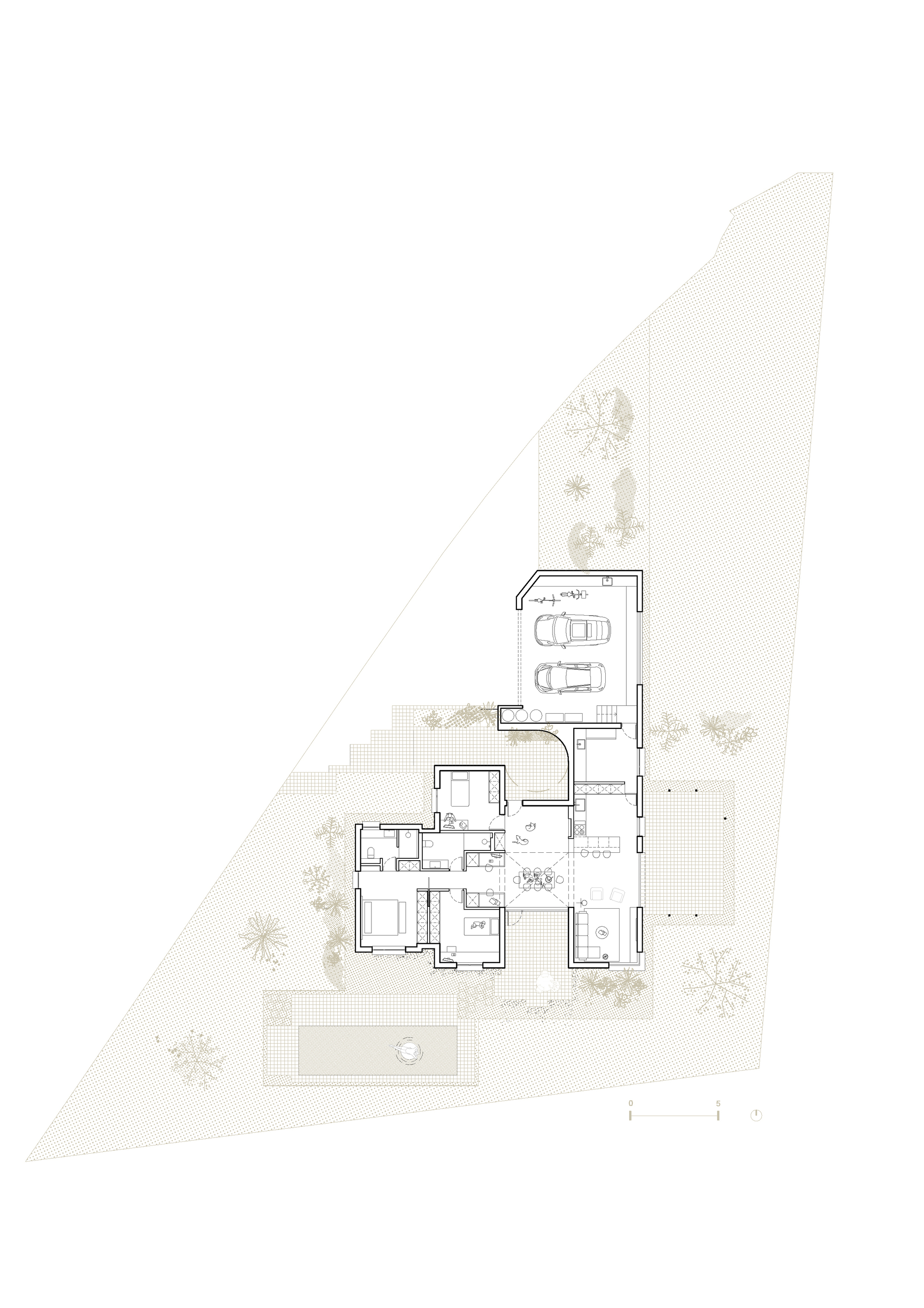 Site plan drawing showing the residence with garage, courtyard, pool and surrounding landscape