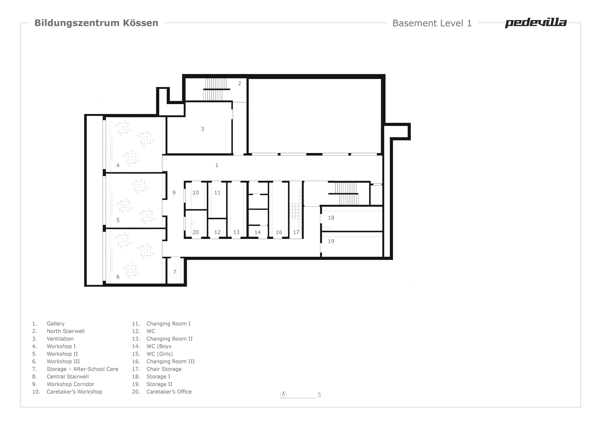 Basement level floor plan drawing showing gallery spaces, workshops, stairwells, and service rooms with labeled key
