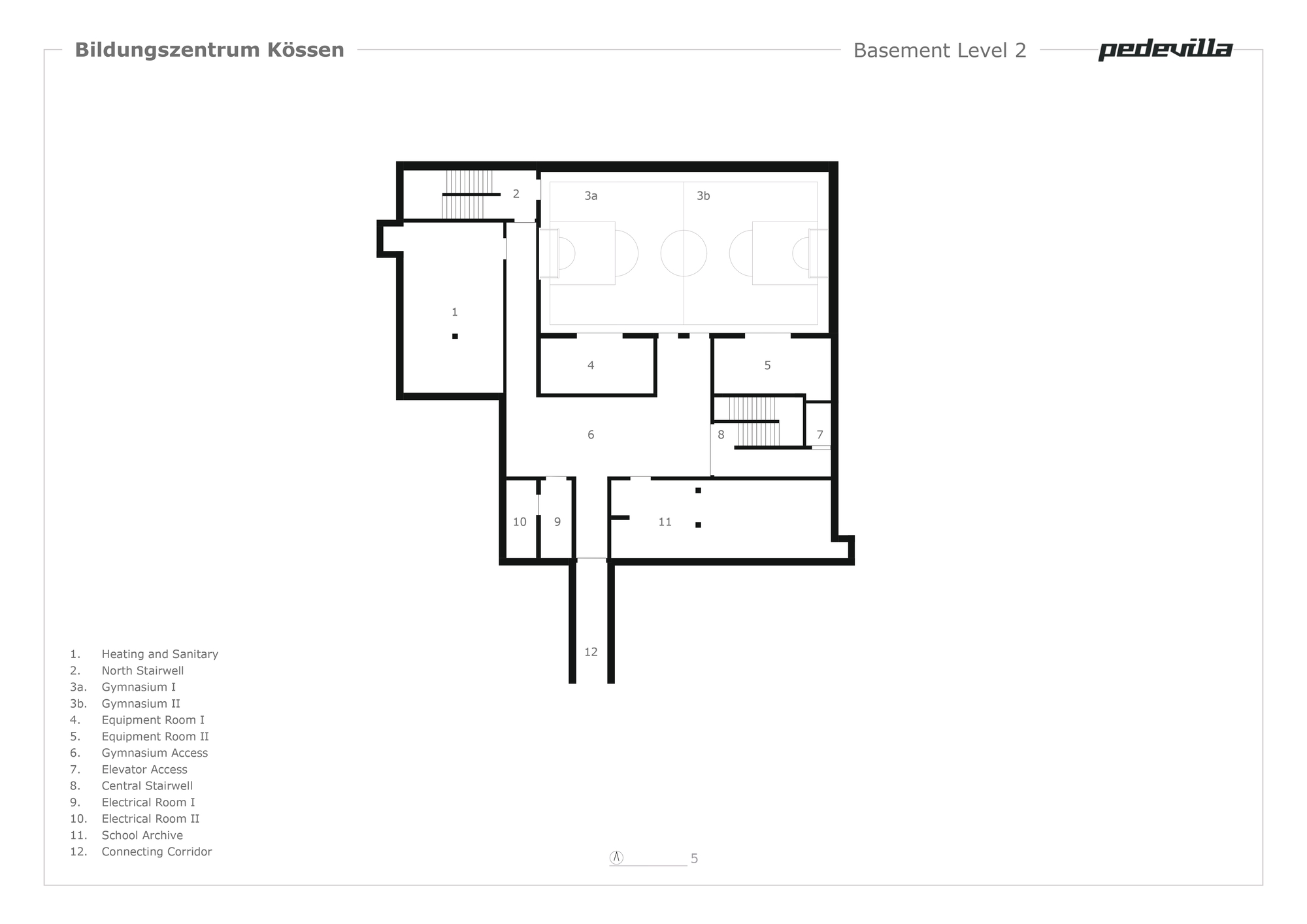 Basement level floor plan showing mechanical rooms, gymnasium and stairwells with numbered room labels
