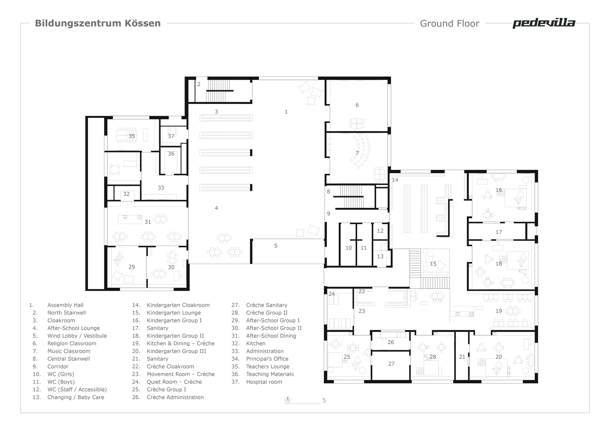 Ground floor plan drawing showing assembly hall, kindergarten classrooms and dining areas in interconnected wings