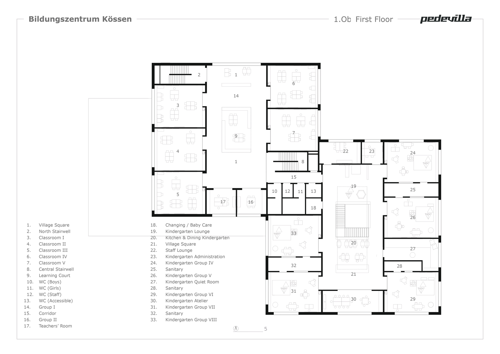 First floor plan drawing showing multiple classroom spaces, learning courts and village square areas