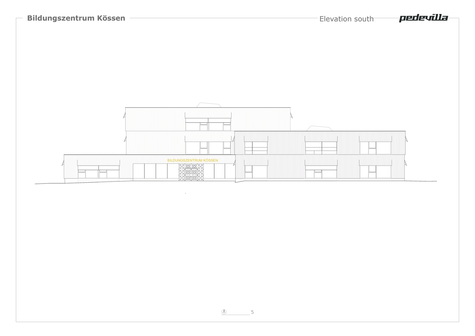 South elevation drawing showing horizontal facade with recessed entry and staggered window openings