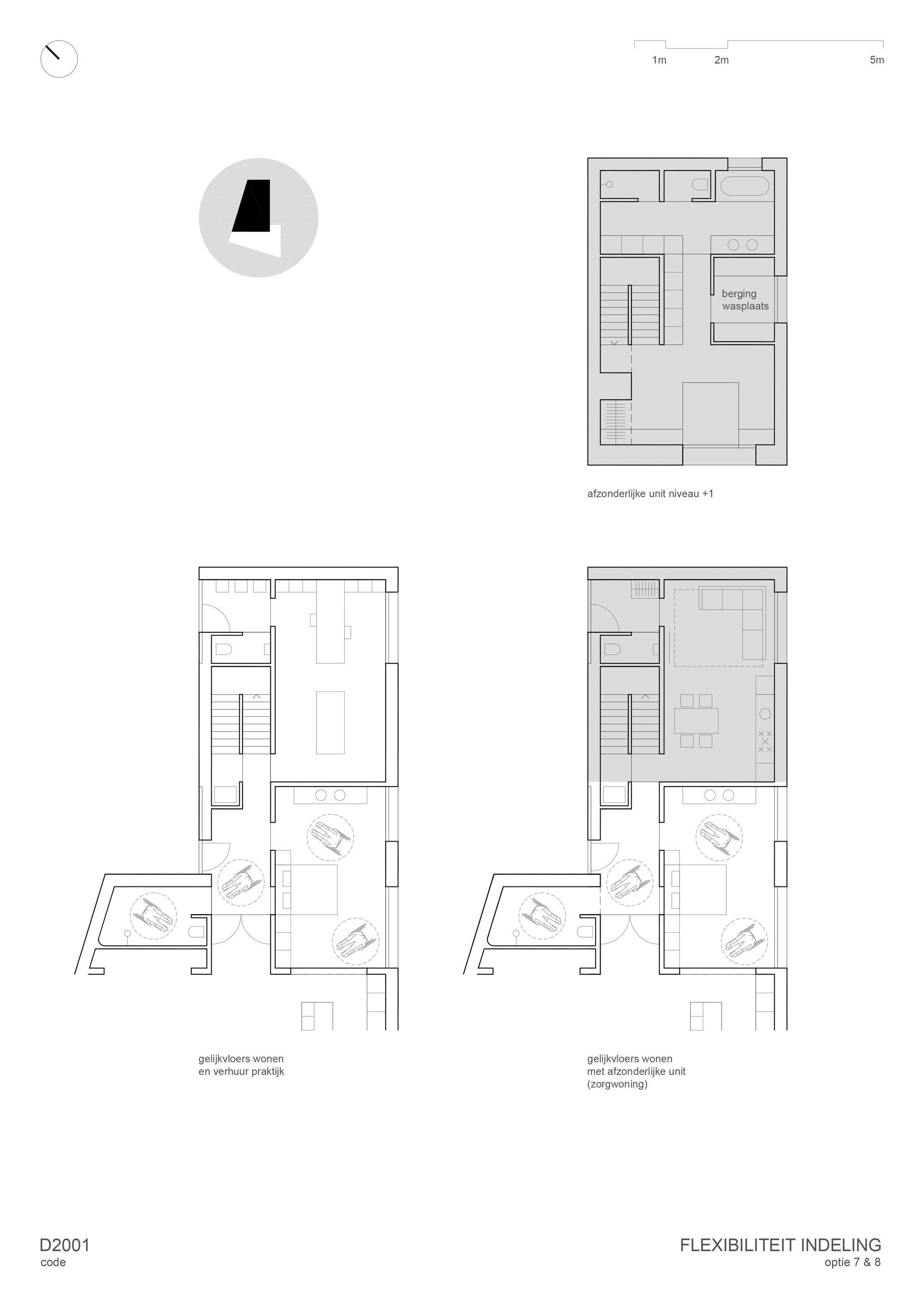 Floor plan drawing showing multiple levels with staircase, kitchen, and living spaces in various configurations