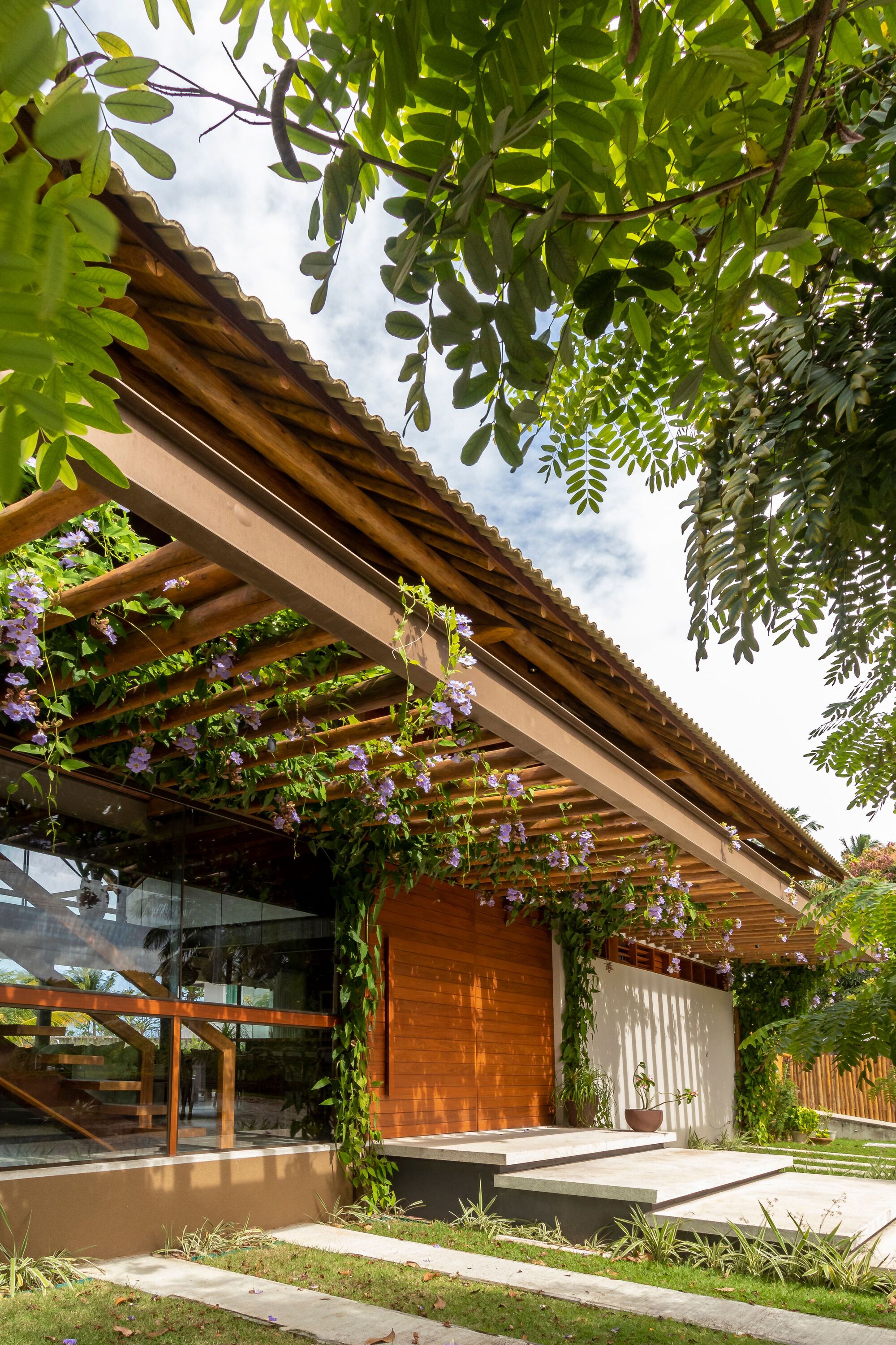 Timber entry canopy with climbing vines and purple flowers framing the pivot door at dusk