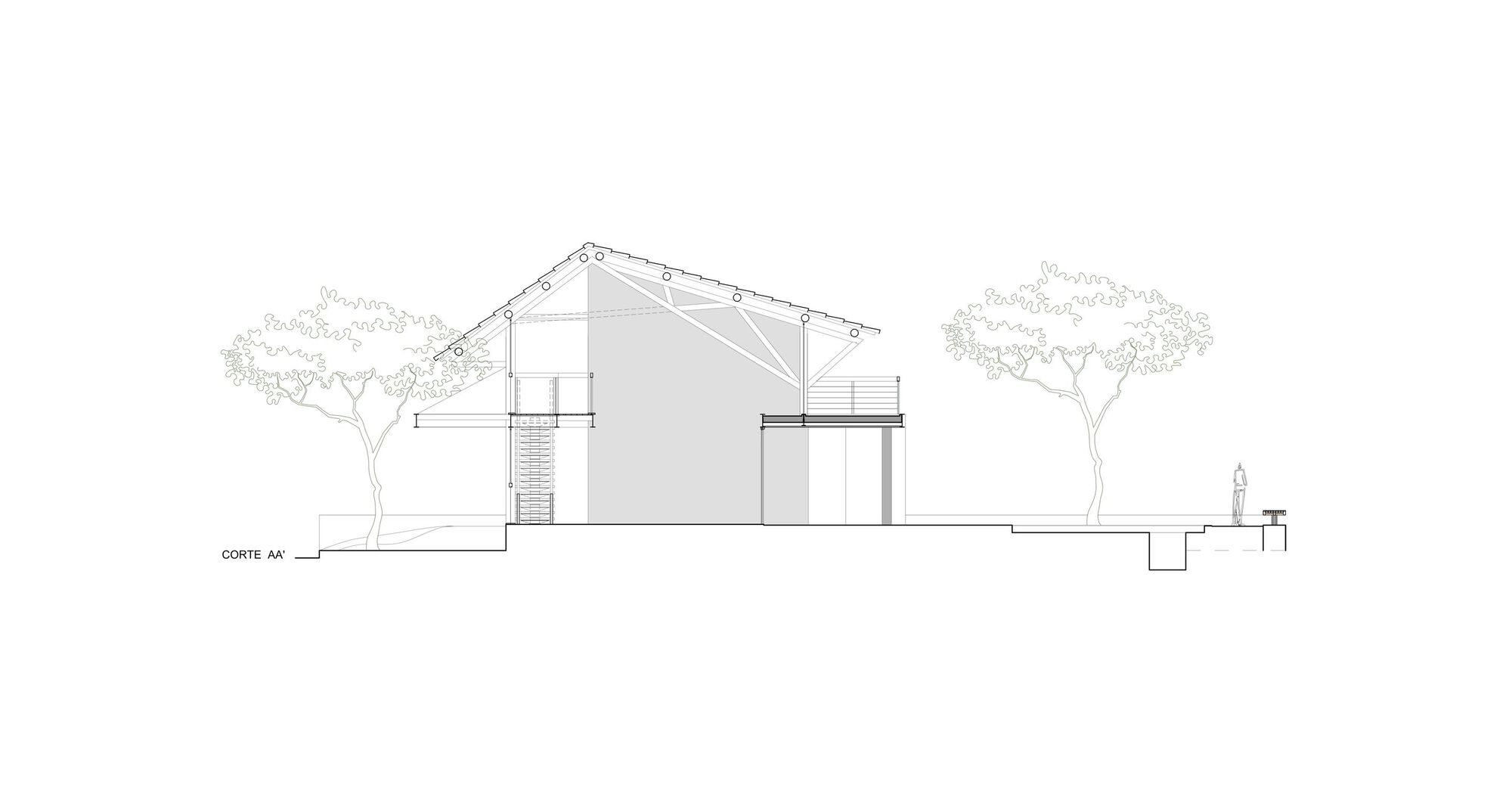 Section drawing revealing the pitched roof structure with trees on either side