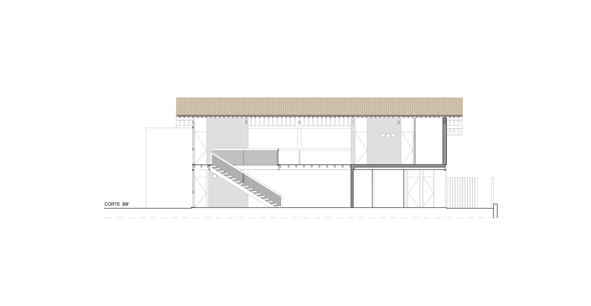 Section drawing showing a two-story residence with an interior staircase and flat roof overhang