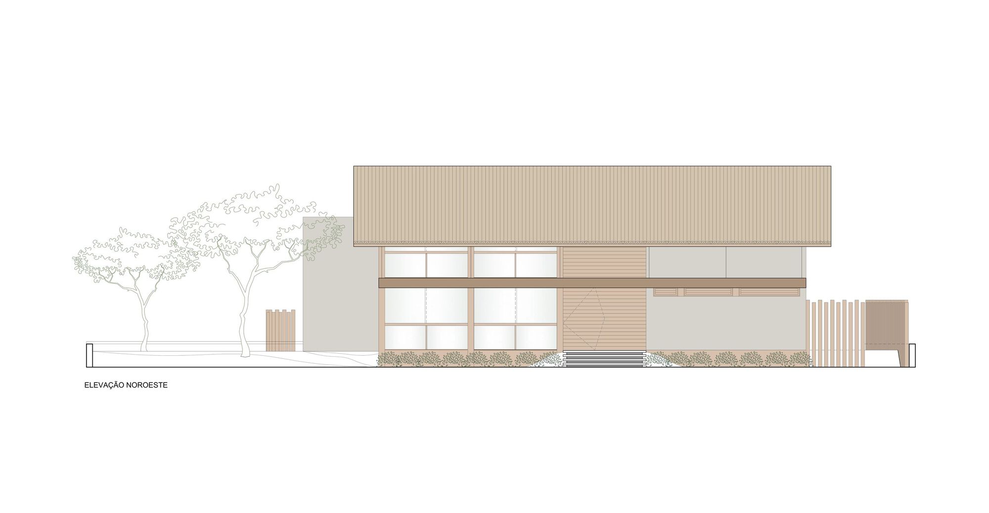 Elevation drawing showing a horizontal facade with large glazed openings and planted beds alongside flanking trees