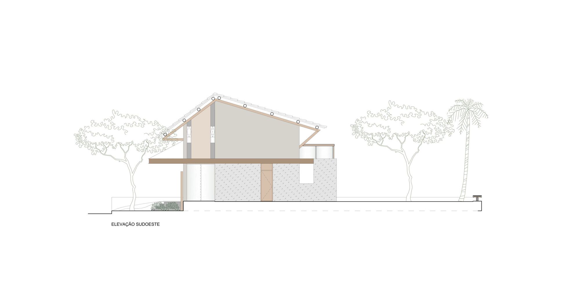 Elevation drawing depicting a pitched-roof structure with a textured wall panel beneath the eave flanked by trees