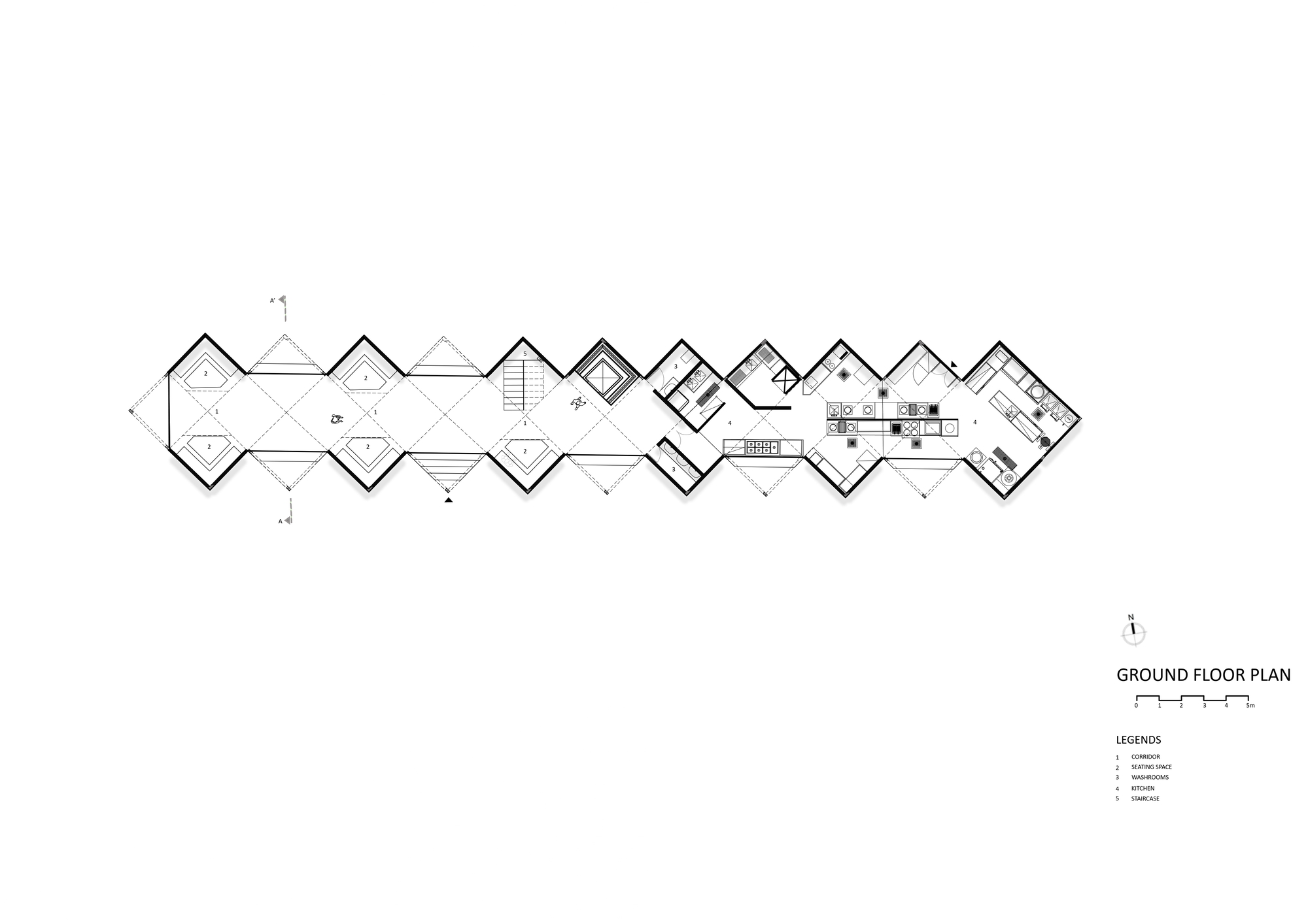 Ground floor plan drawing showing nine interlocking diamond-shaped volumes with central service core
