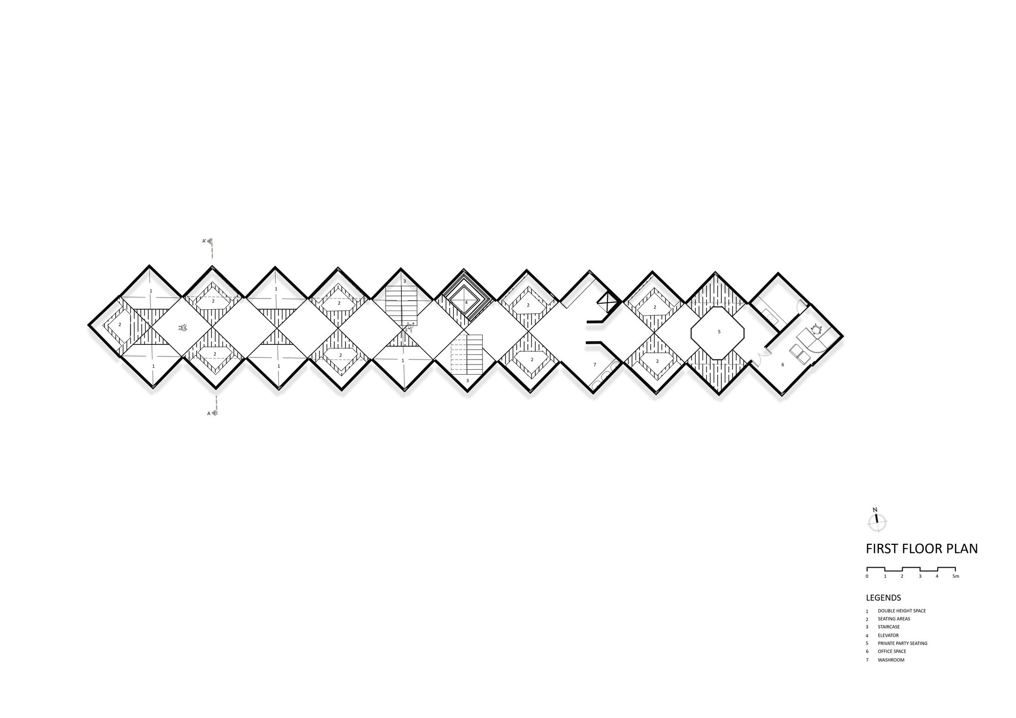 First floor plan drawing showing a linear sequence of rotated square modules with various interior layouts