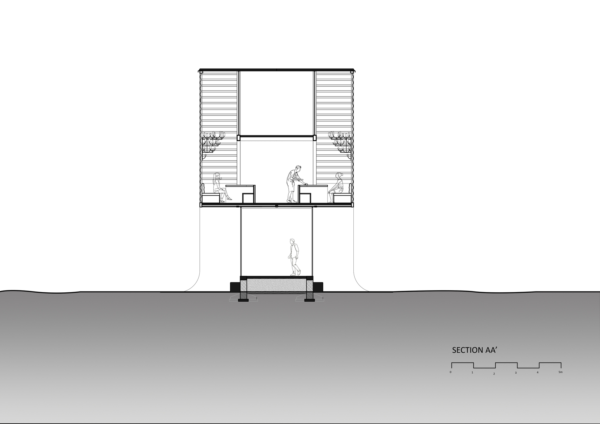 Section drawing revealing a double-height courtyard space with figures and louvered upper walls