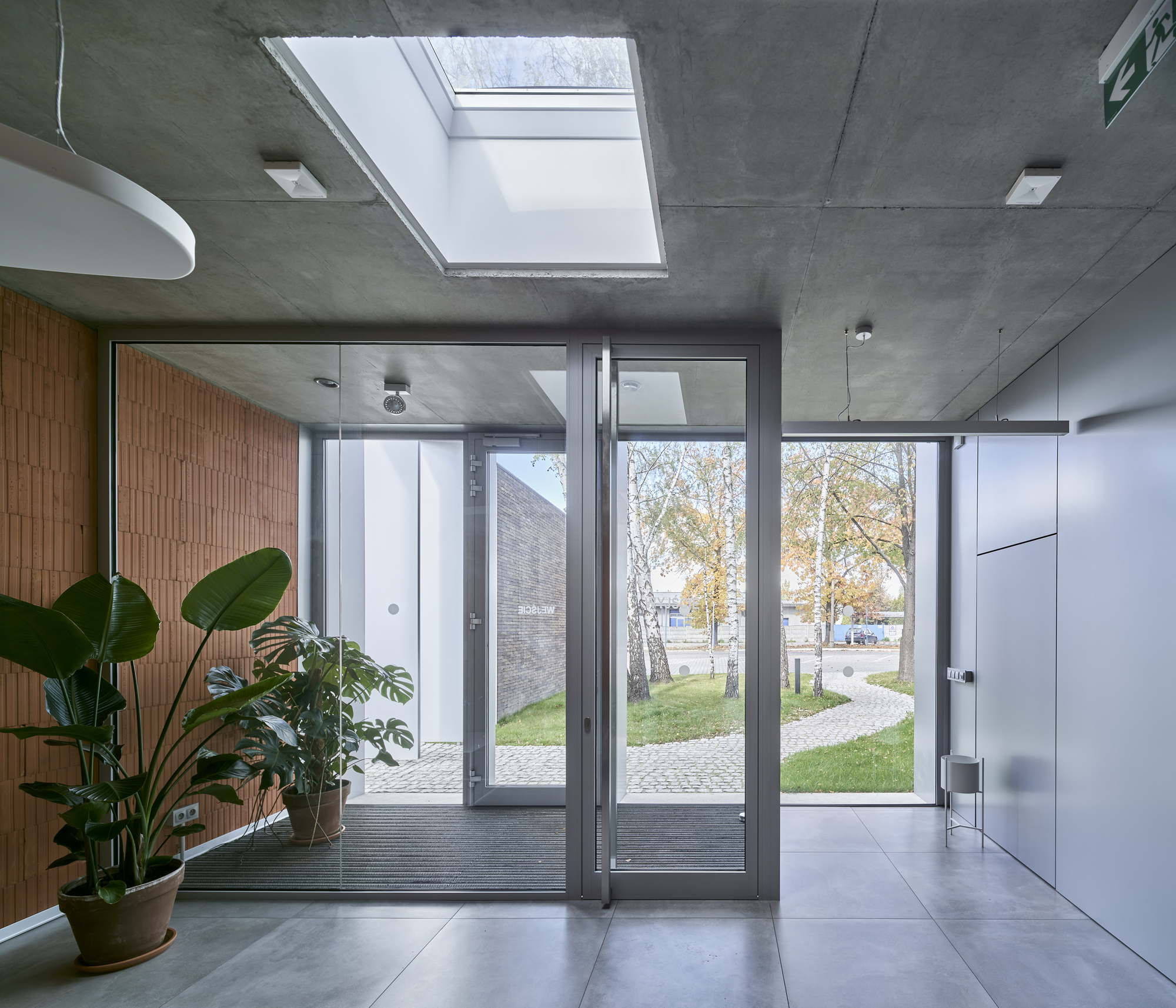 Glass entrance vestibule with exposed concrete ceiling and skylight opening to birch trees outside