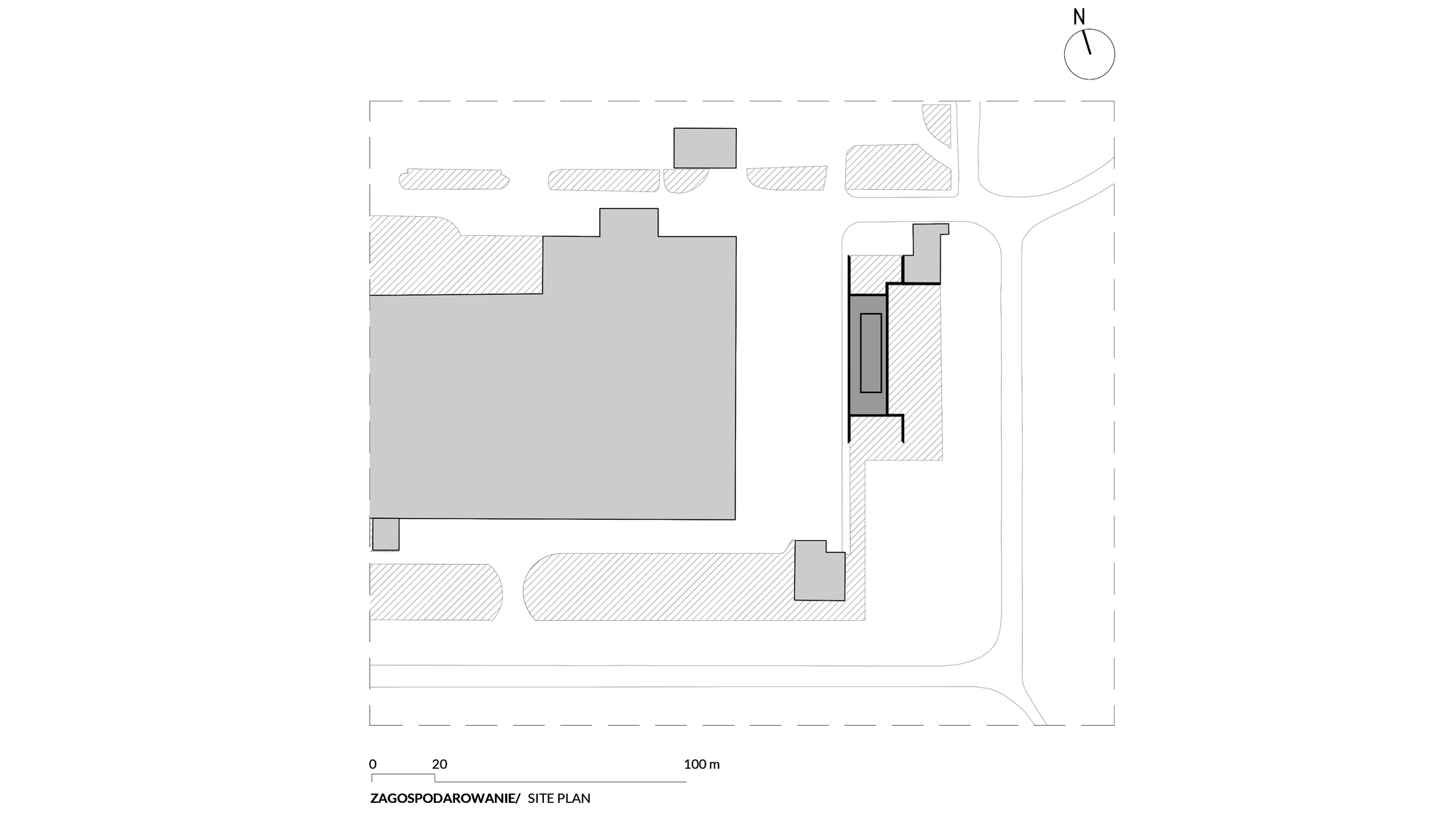 Site plan drawing showing rectangular building volume and smaller secondary structure on corner lot