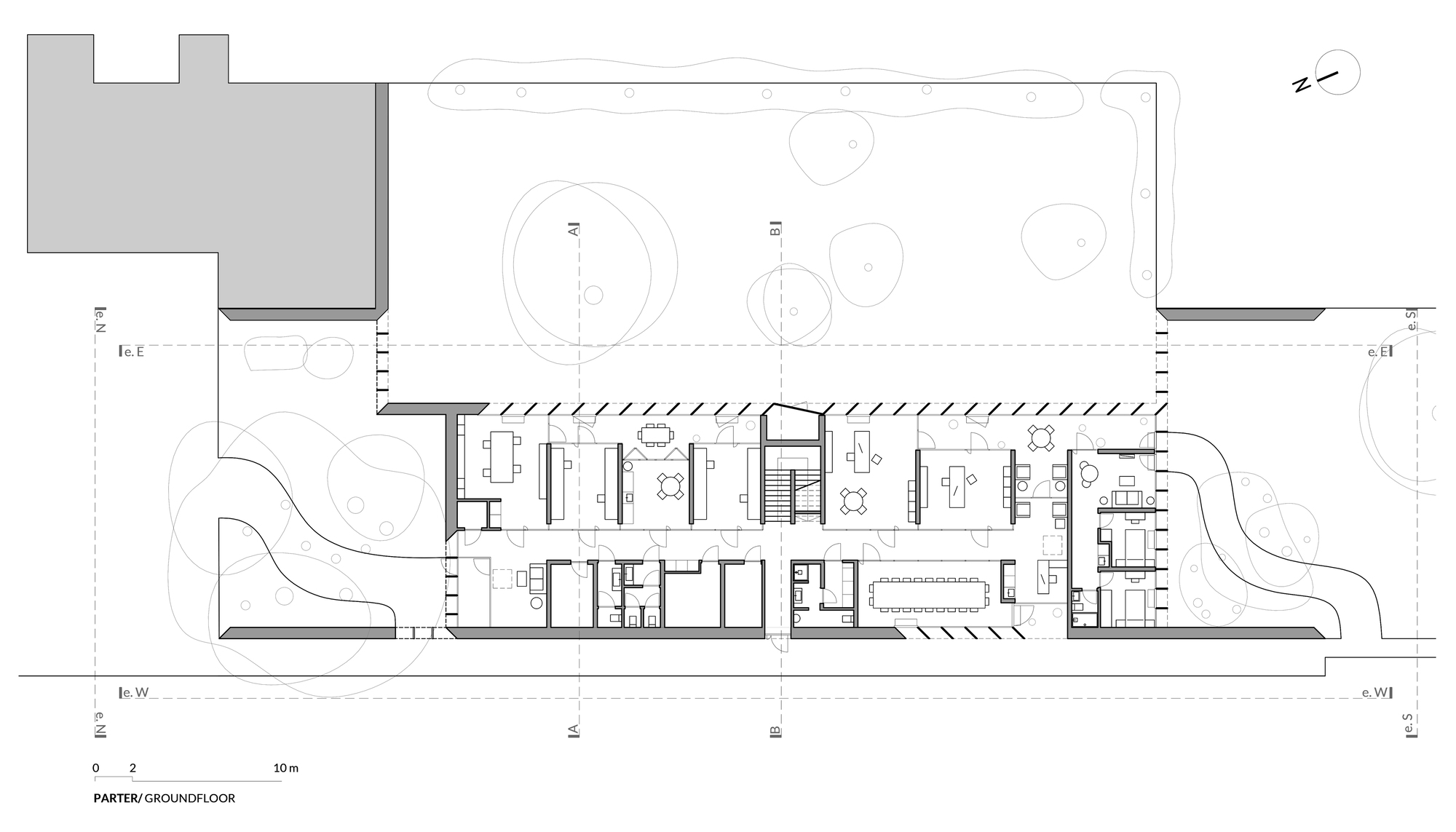 Ground floor plan drawing showing linear room arrangement with landscaped courtyard and circular tree canopies