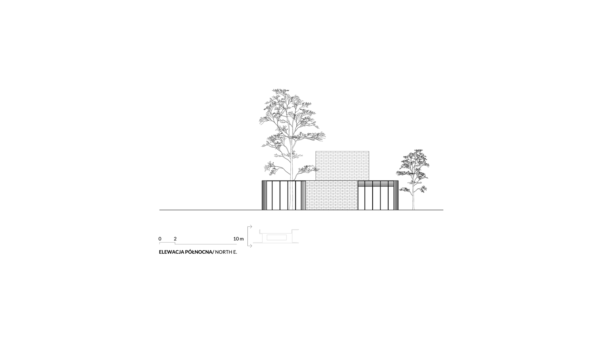 North elevation drawing showing vertical slat screens, brick cladding, and flanking trees