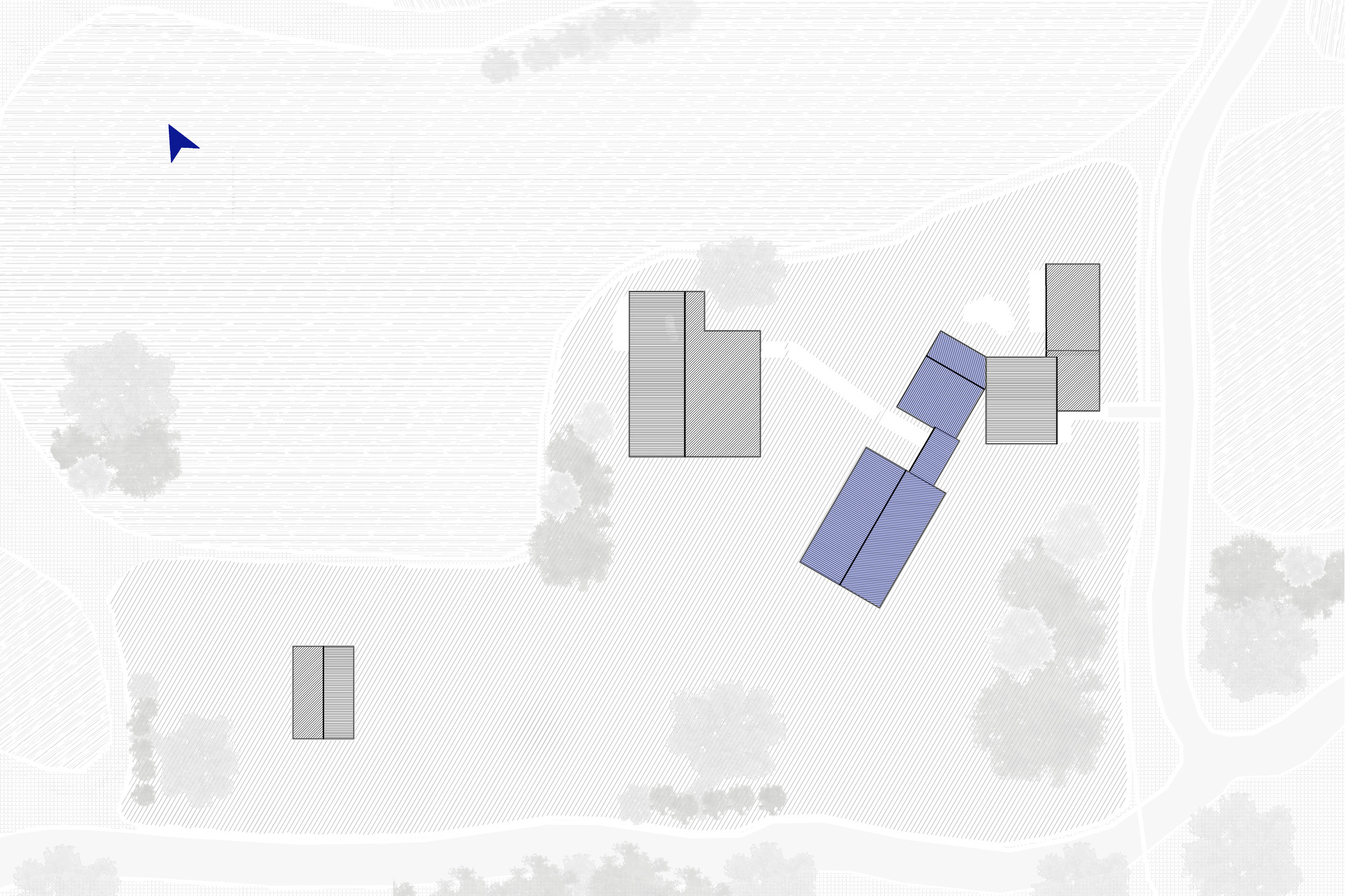 Site plan drawing showing multiple building volumes and trees scattered across sloping terrain