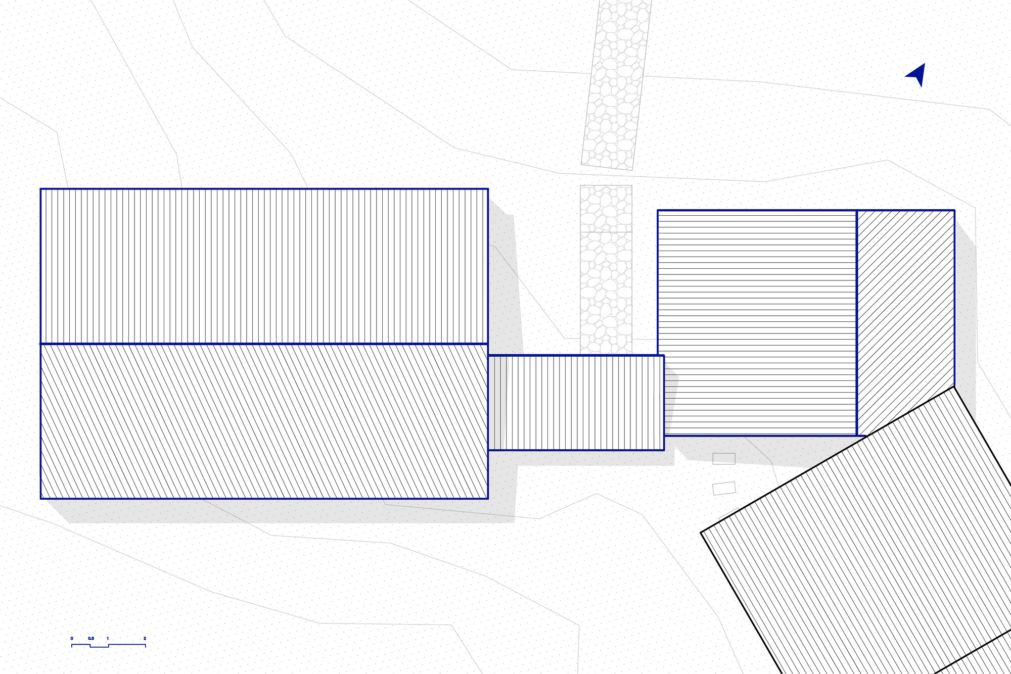 Roof plan drawing showing tile patterns and angular volumes at the building edge