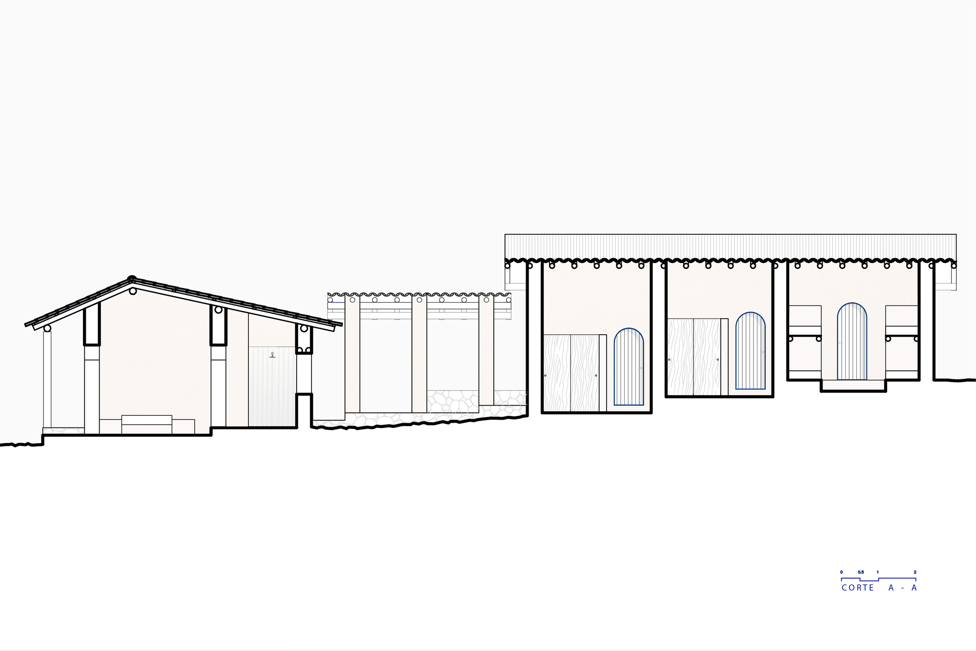 Section drawing showing a gabled volume connected to rectilinear forms with arched openings and decorative roof trim
