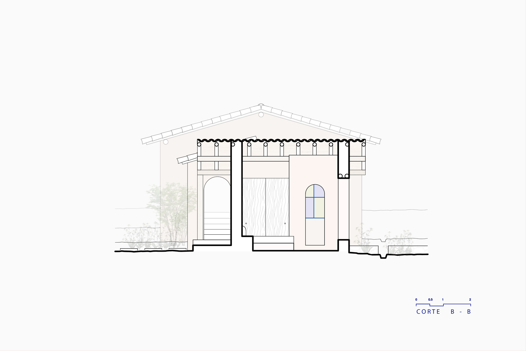 Section drawing showing a gabled structure with arched and rectangular openings beneath a pitched roof