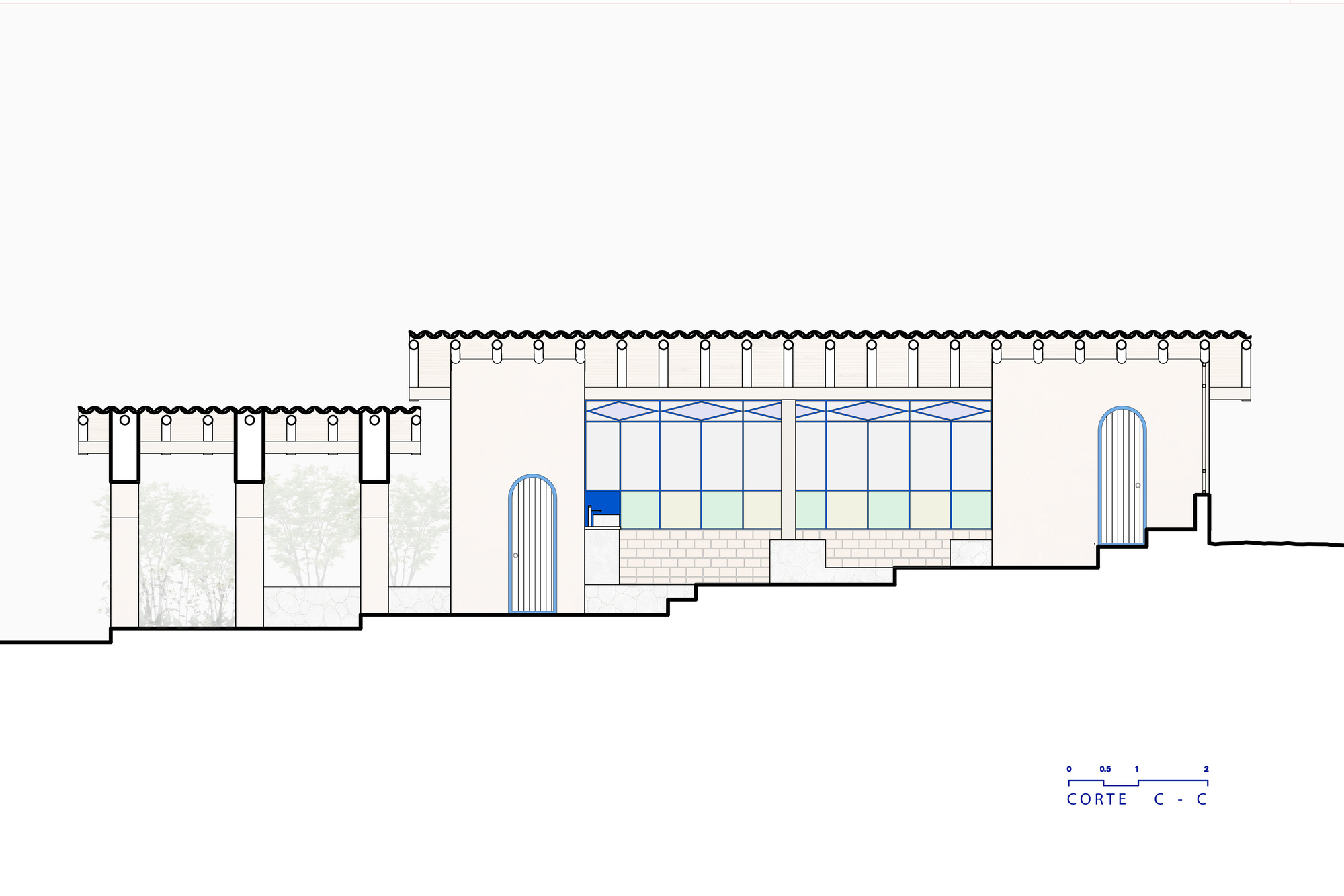 Section drawing showing glass curtain wall with diagonal bracing above a brick base and stepped terrain
