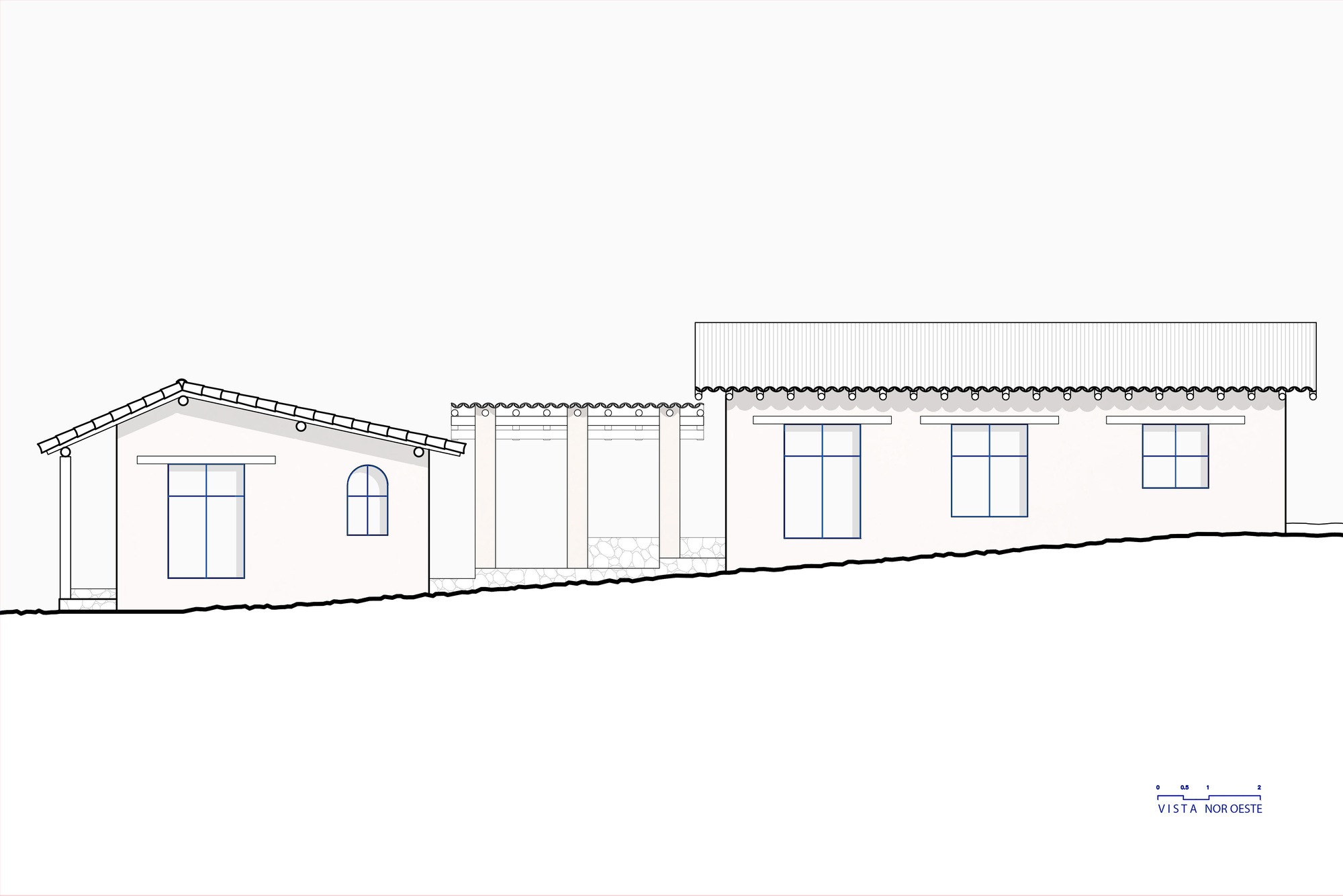 Elevation drawing showing a gabled entrance volume linked to a long rectilinear form with rectangular windows