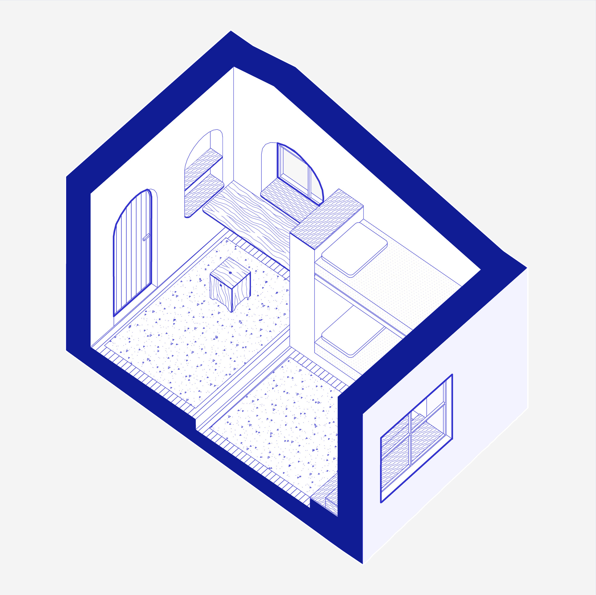 Isometric drawing showing an interior room with arched door, window, bed platform and terrazzo floor