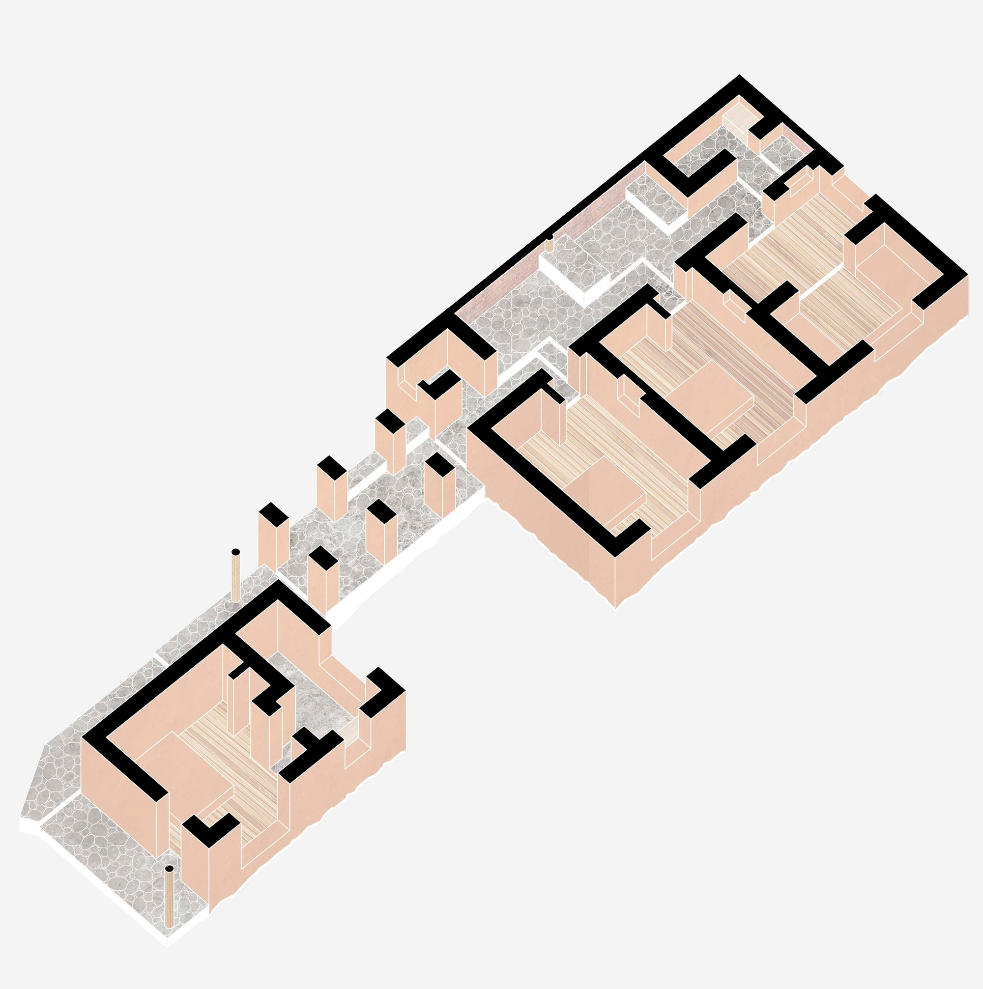 Axonometric drawing showing two buildings connected by a landscaped pathway with trees and paving