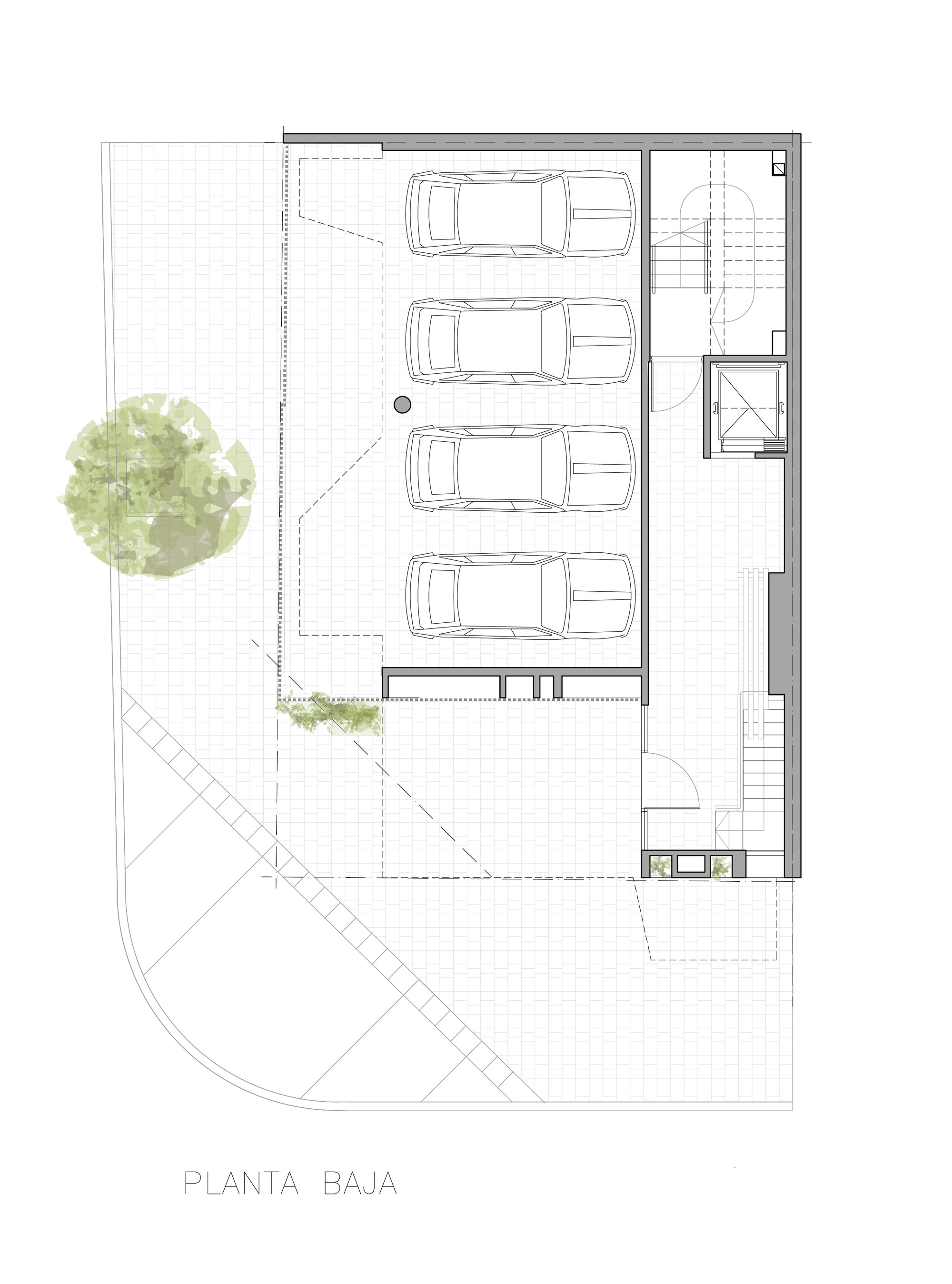Ground floor plan drawing showing four-car parking bay with stairwell and planted entry courtyard