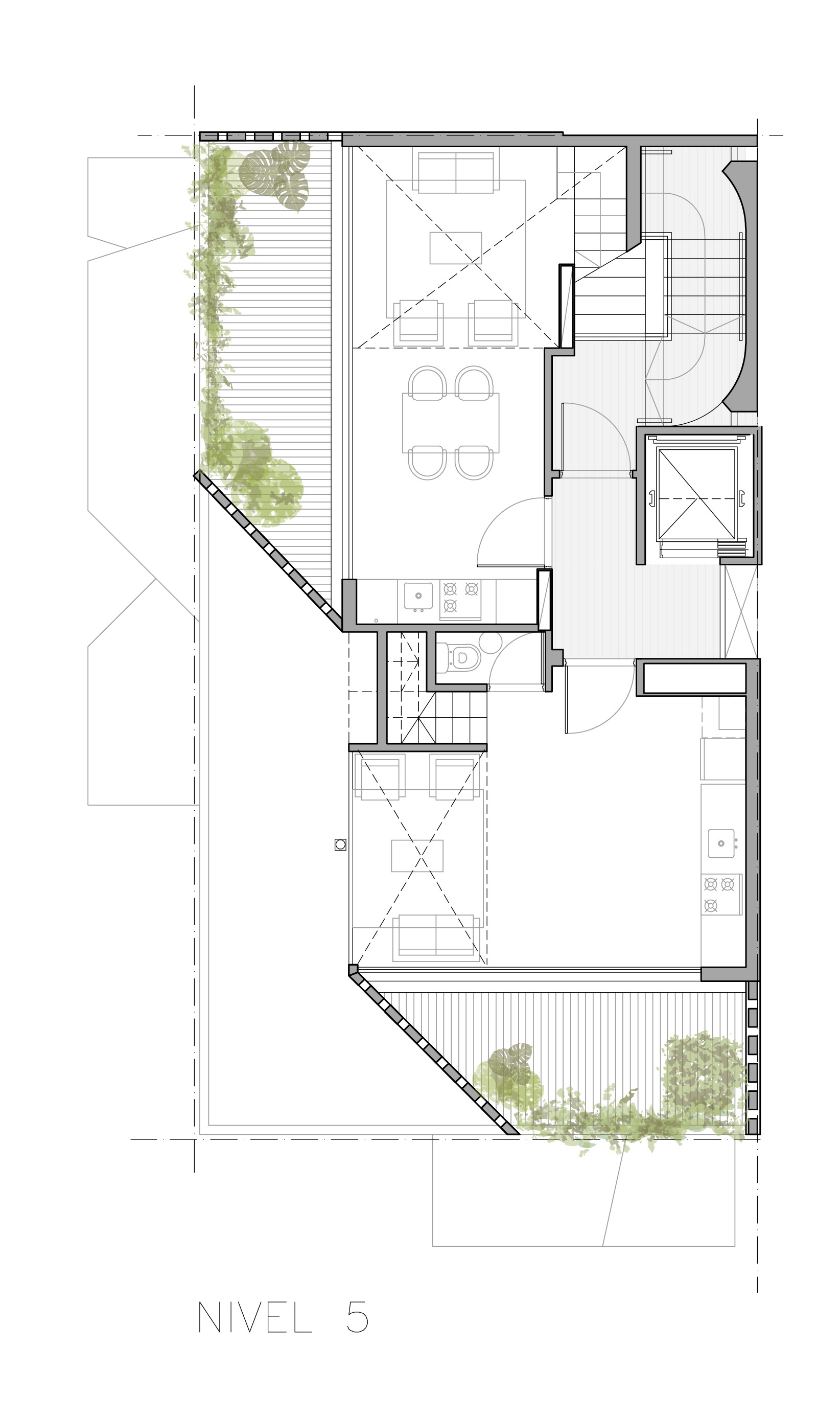 Fifth level floor plan drawing showing living areas, kitchen, bathrooms and planted terraces with trees