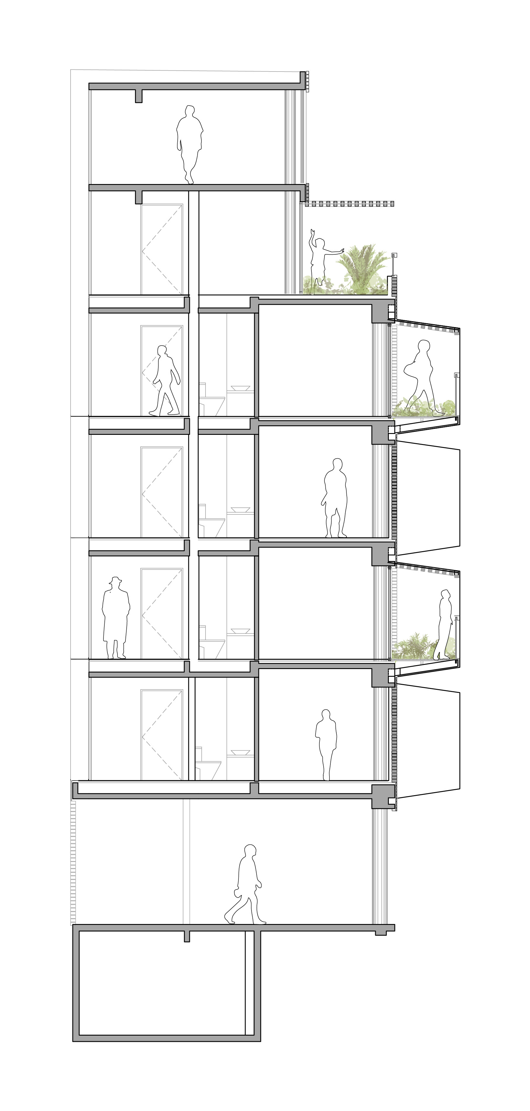 Section drawing showing stacked residential units with protruding planted balconies and circulation figures