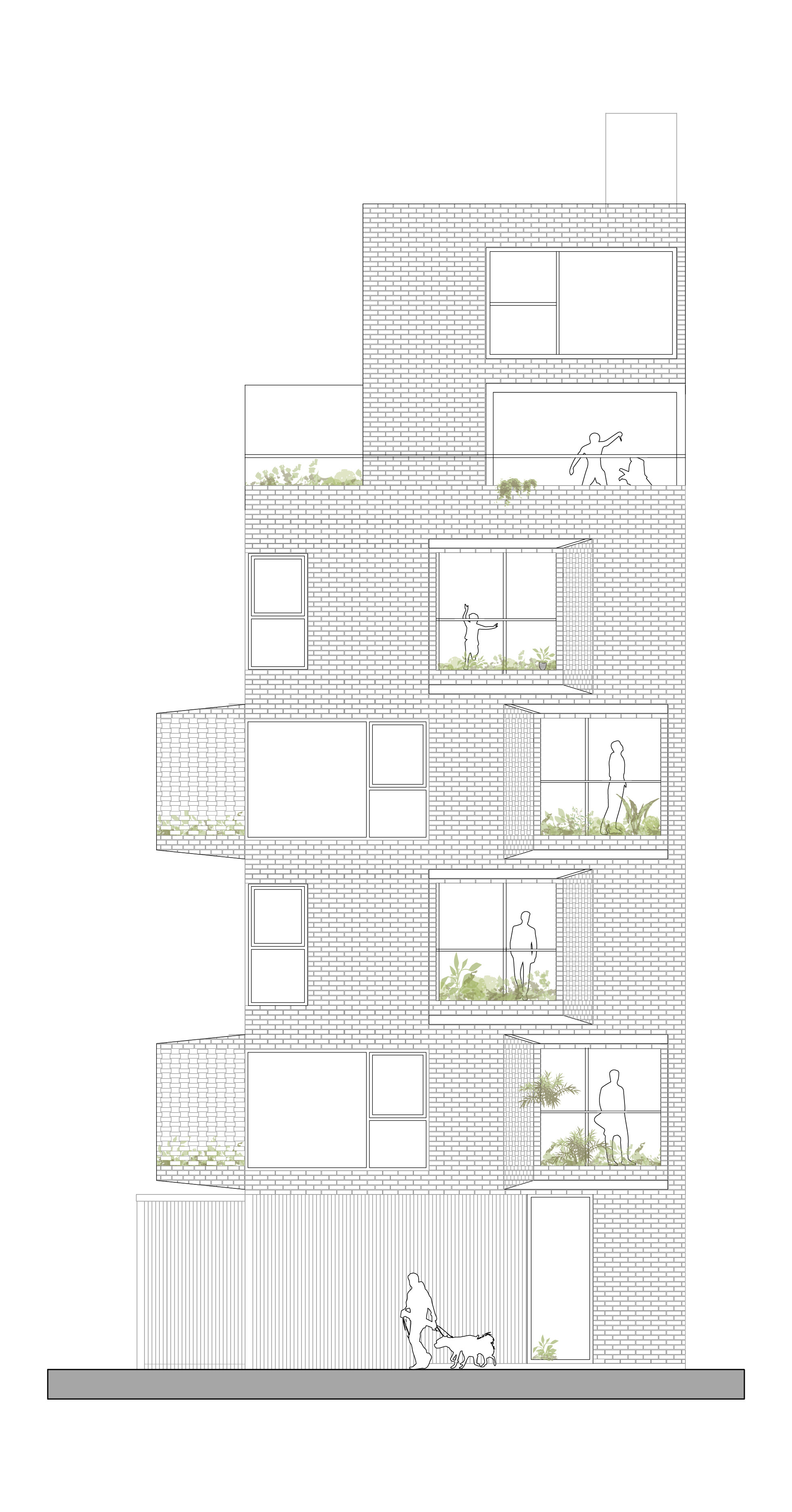 Elevation drawing of a brick facade with recessed balconies and planted terraces across six levels