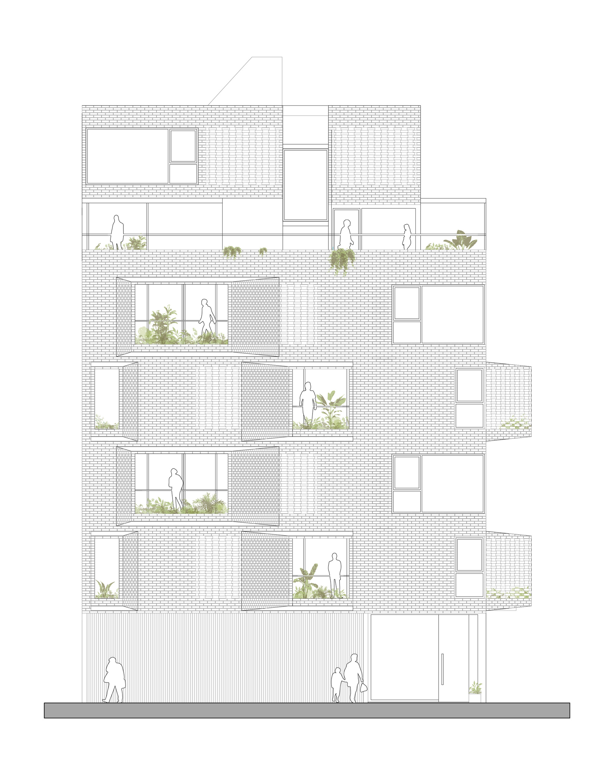 Elevation drawing showing staggered brick volumes with planted balconies and figures throughout
