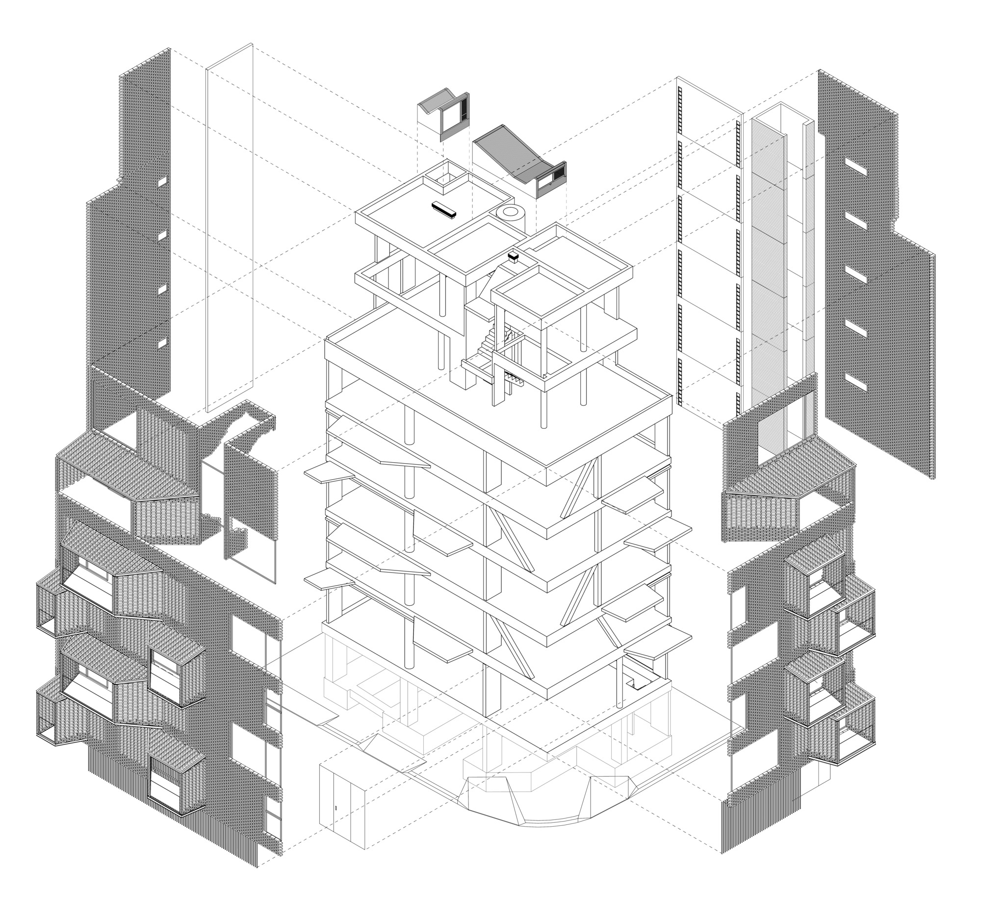 Exploded axonometric drawing revealing the structural frame, floor plates, envelope components and rooftop elements