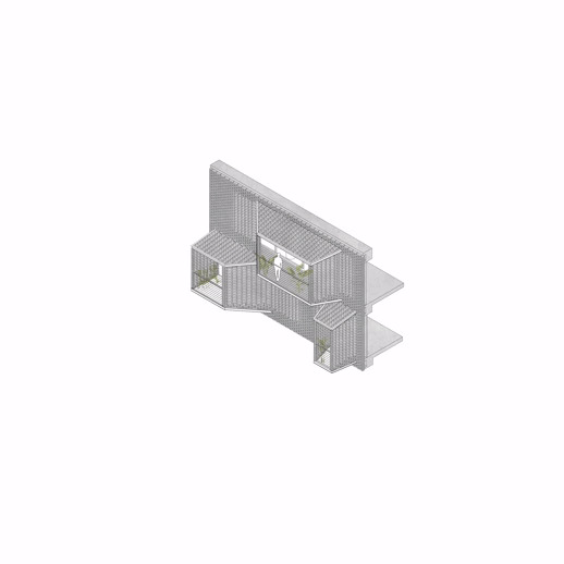 Isometric drawing of a single residential unit showing textured wall panels and interior spaces