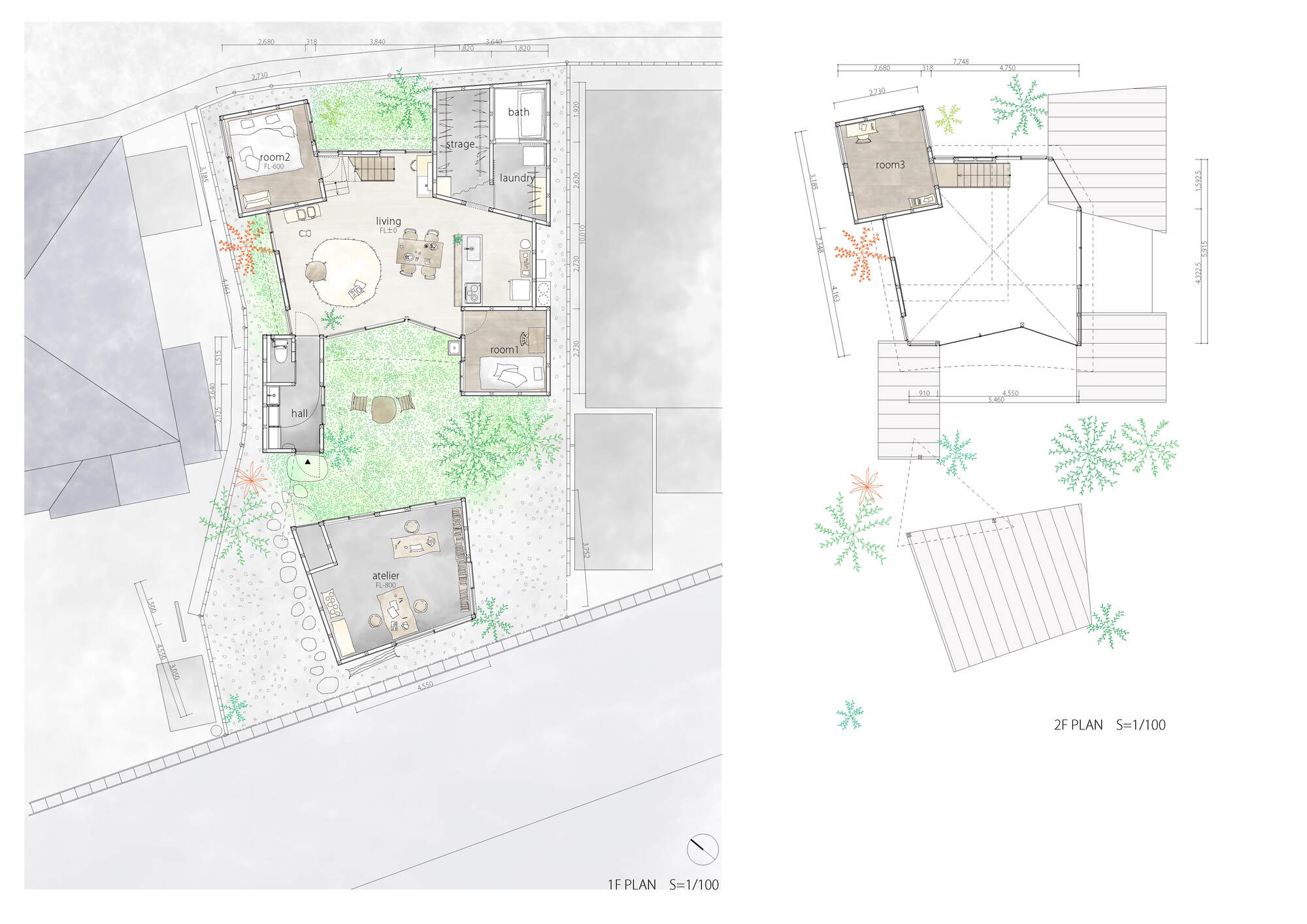 Floor plans showing two levels with courtyard gardens and tree plantings in watercolor rendering