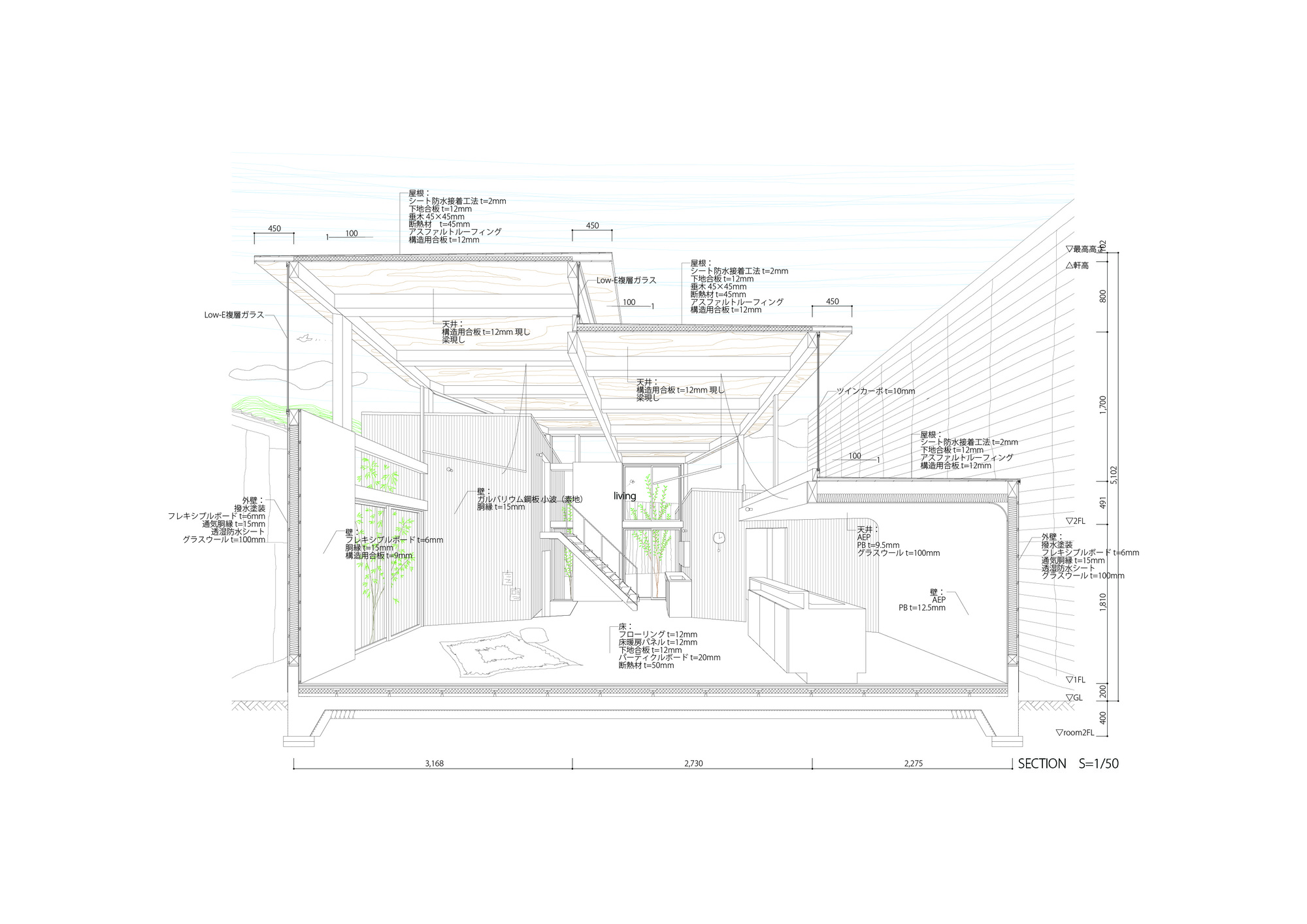 Section drawing revealing interior spatial relationships with double-height volumes and roof structure