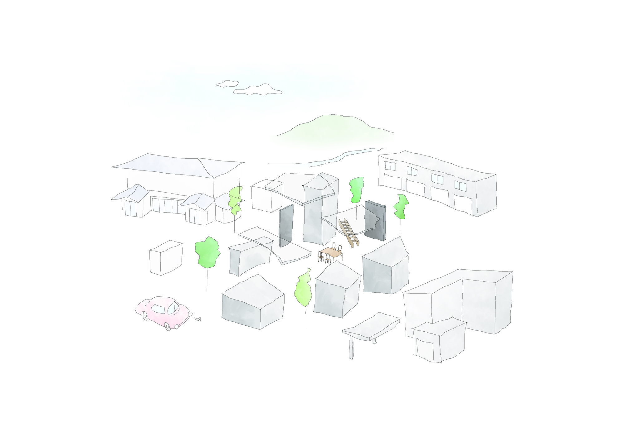 Axonometric drawing of a neighborhood cluster with houses, trees, a car, and a distant mountain