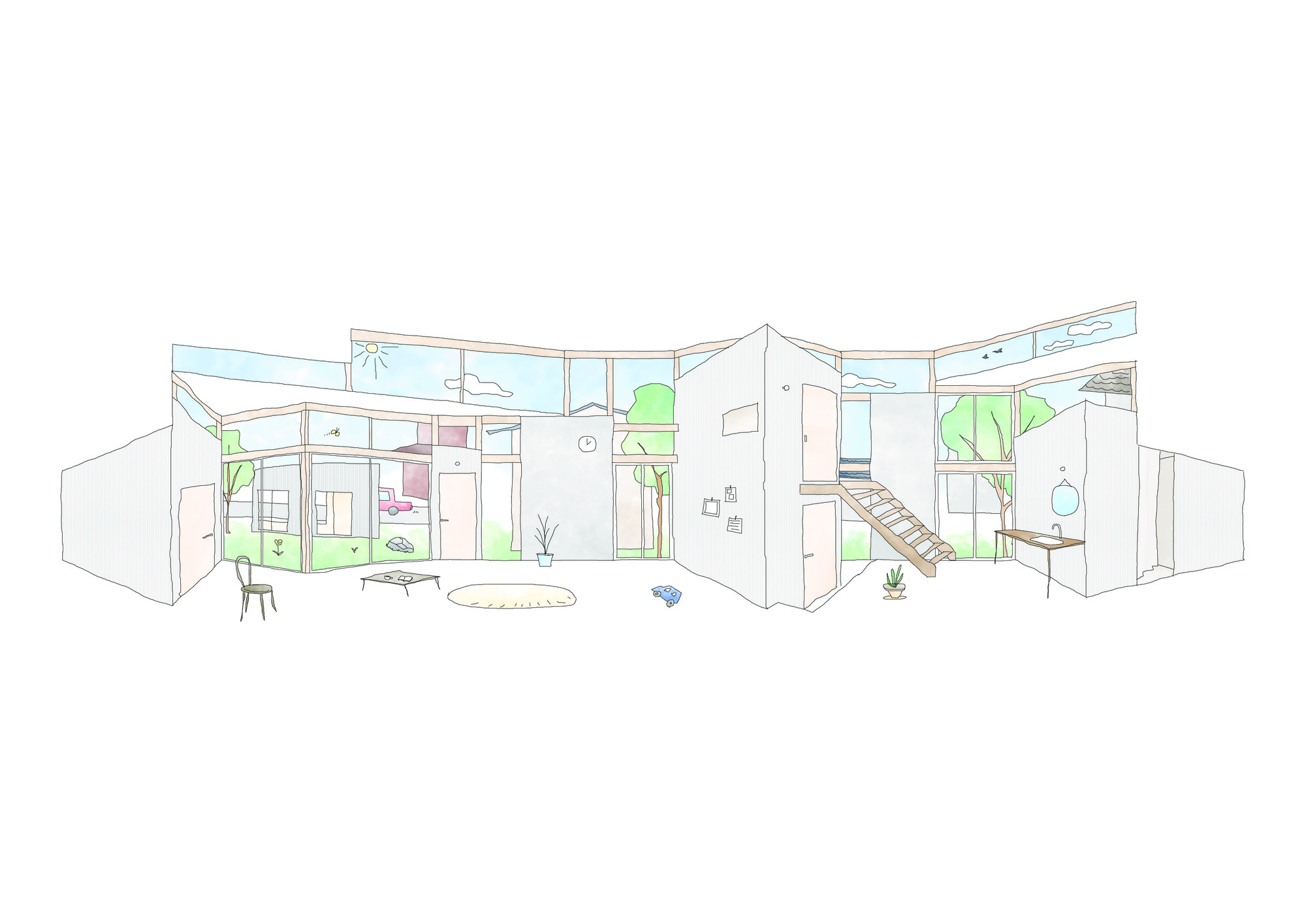 Cutaway perspective drawing revealing interior rooms with furniture, a ladder, and planted courtyards with trees