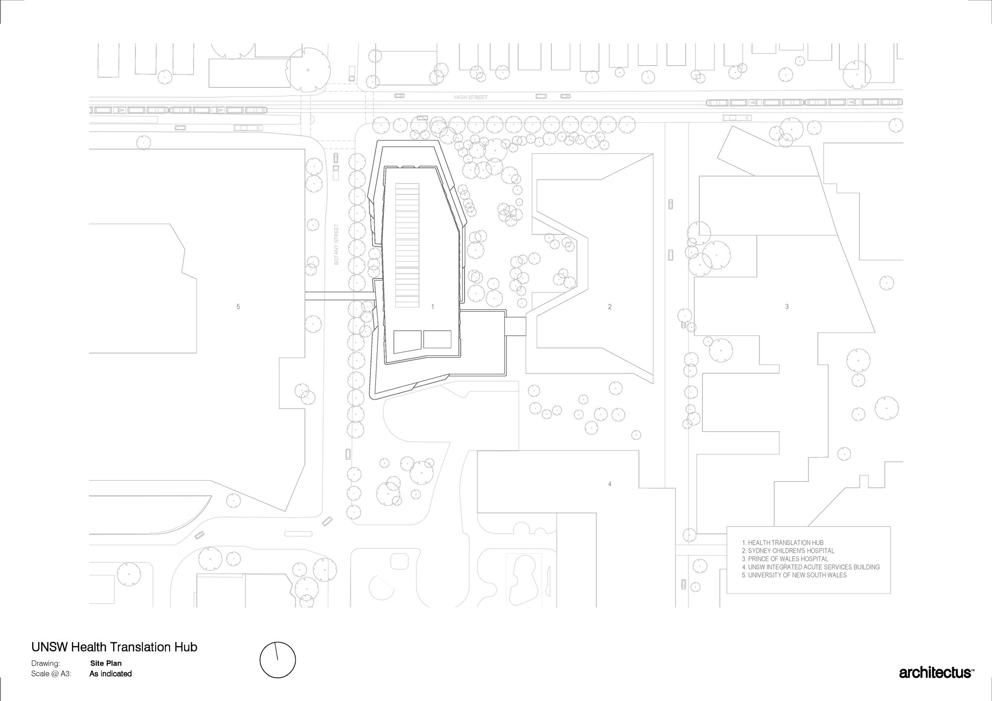 Site plan drawing showing the tower footprint among adjacent buildings and street tree planting