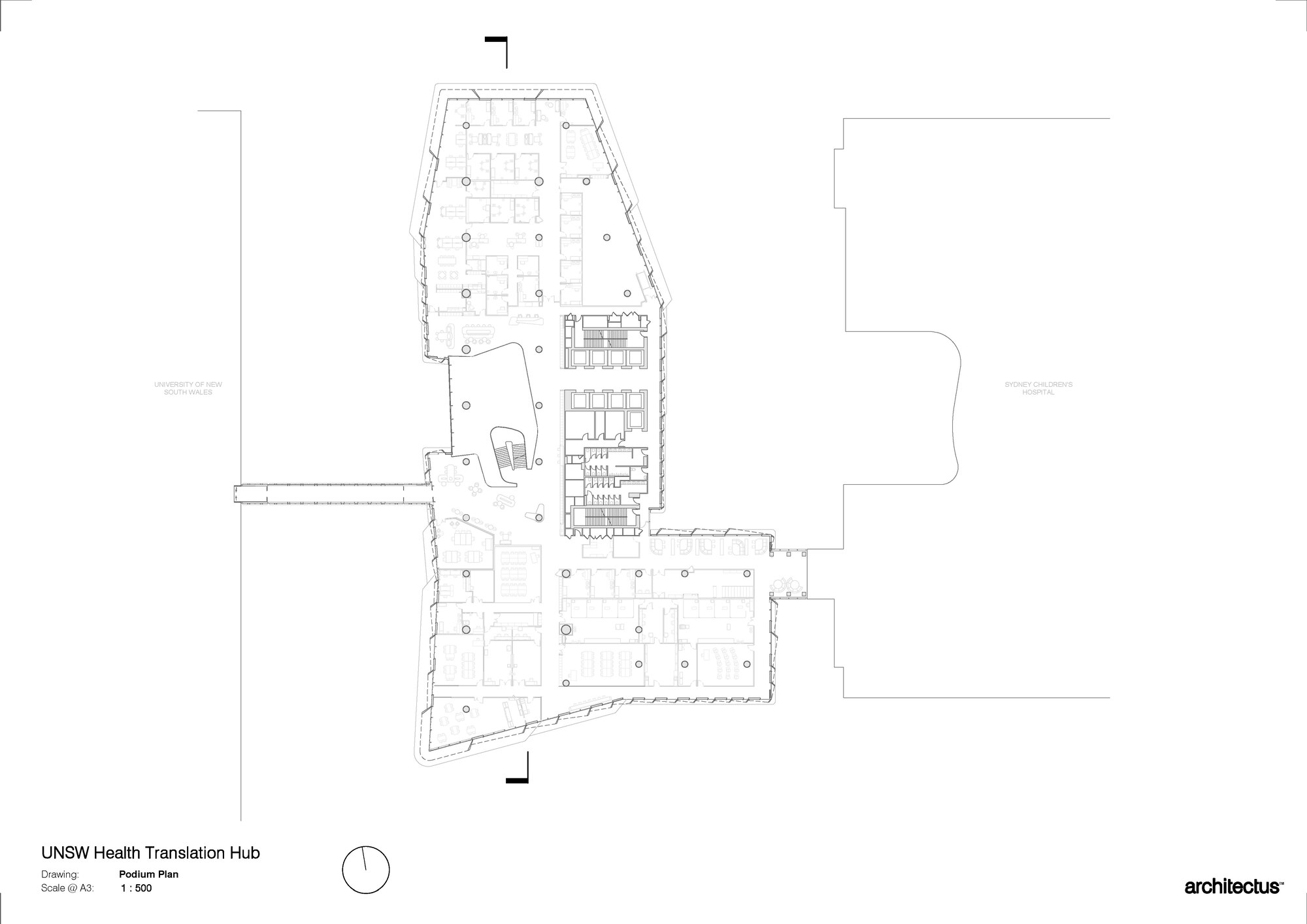 Podium floor plan drawing showing an angular footprint with central core and surrounding workspaces