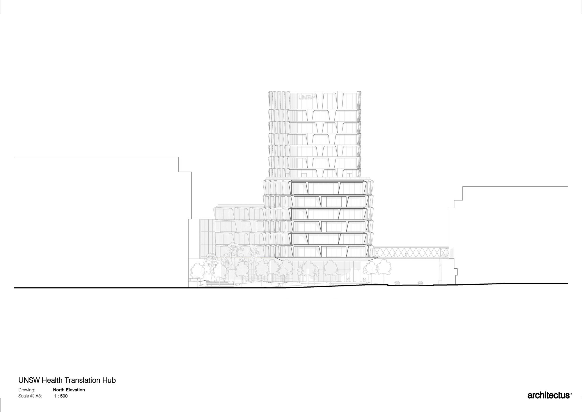 North elevation drawing showing the stepped tower rising above a horizontal podium base with trees