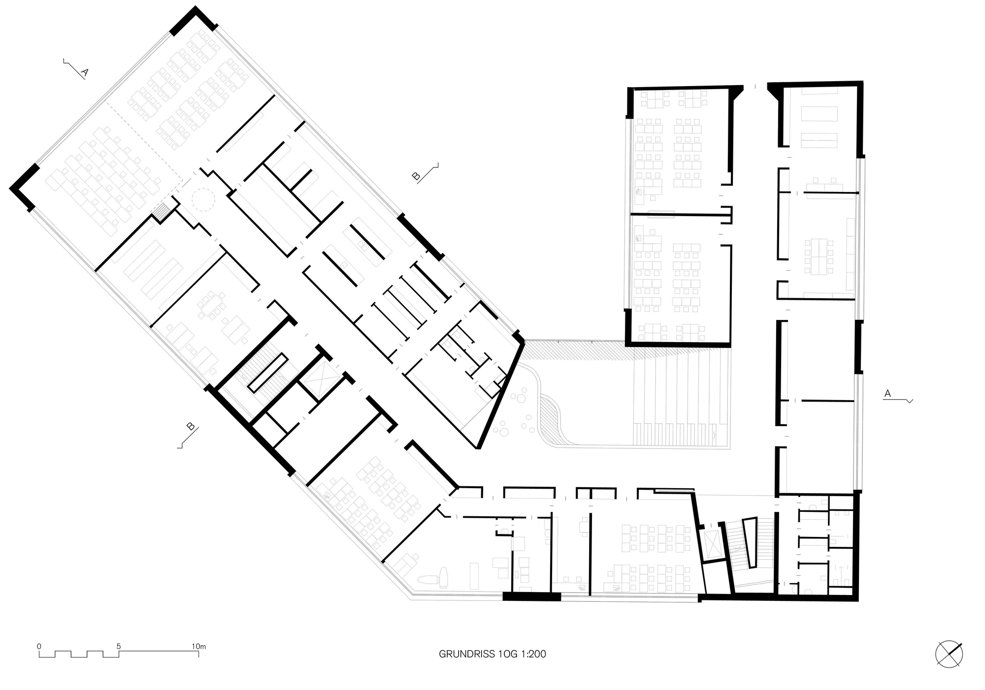 Second floor plan drawing showing angled volumes with open gathering spaces and service rooms