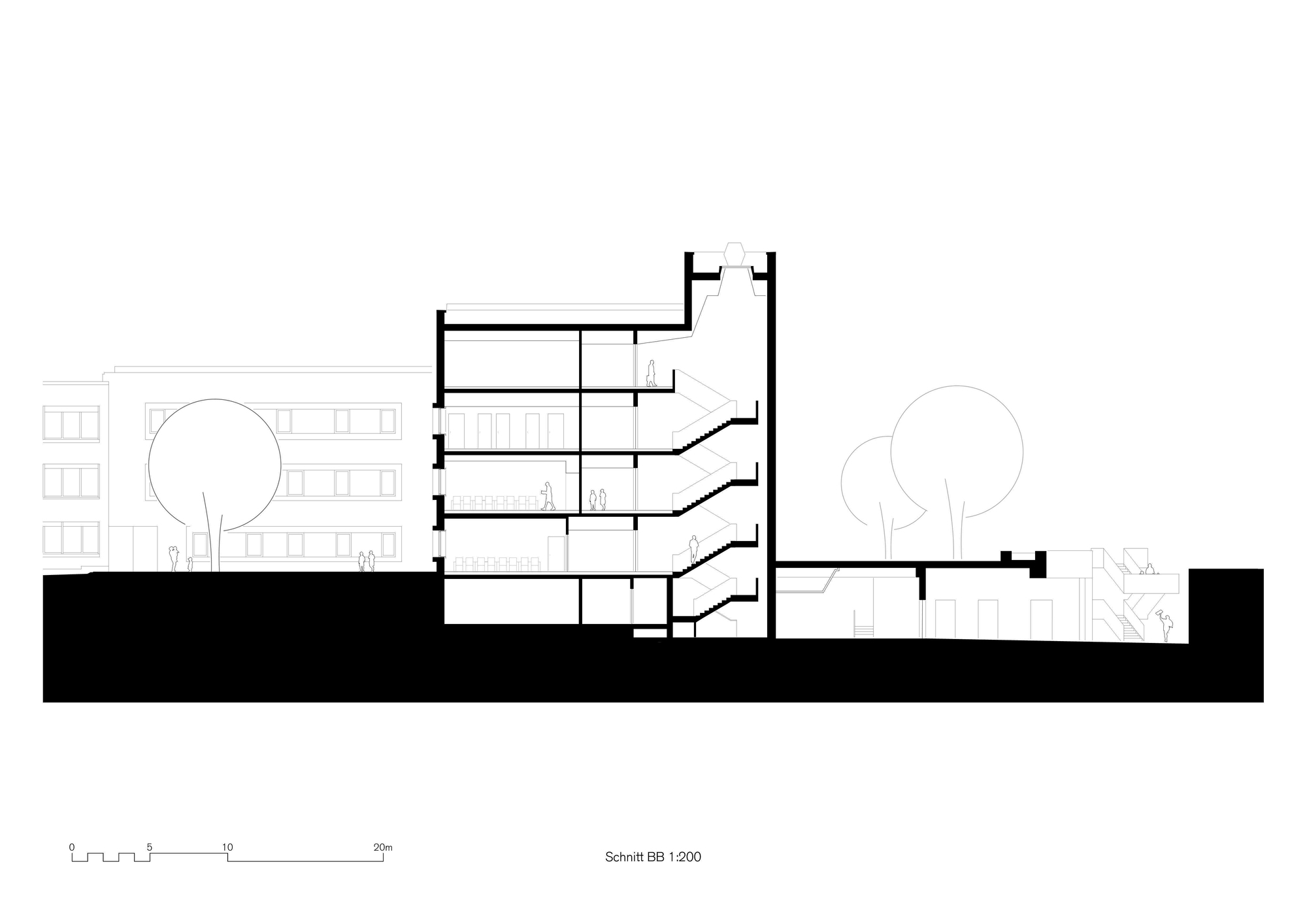 Section drawing showing cantilevered floor plates with trees flanking the stepped building volume