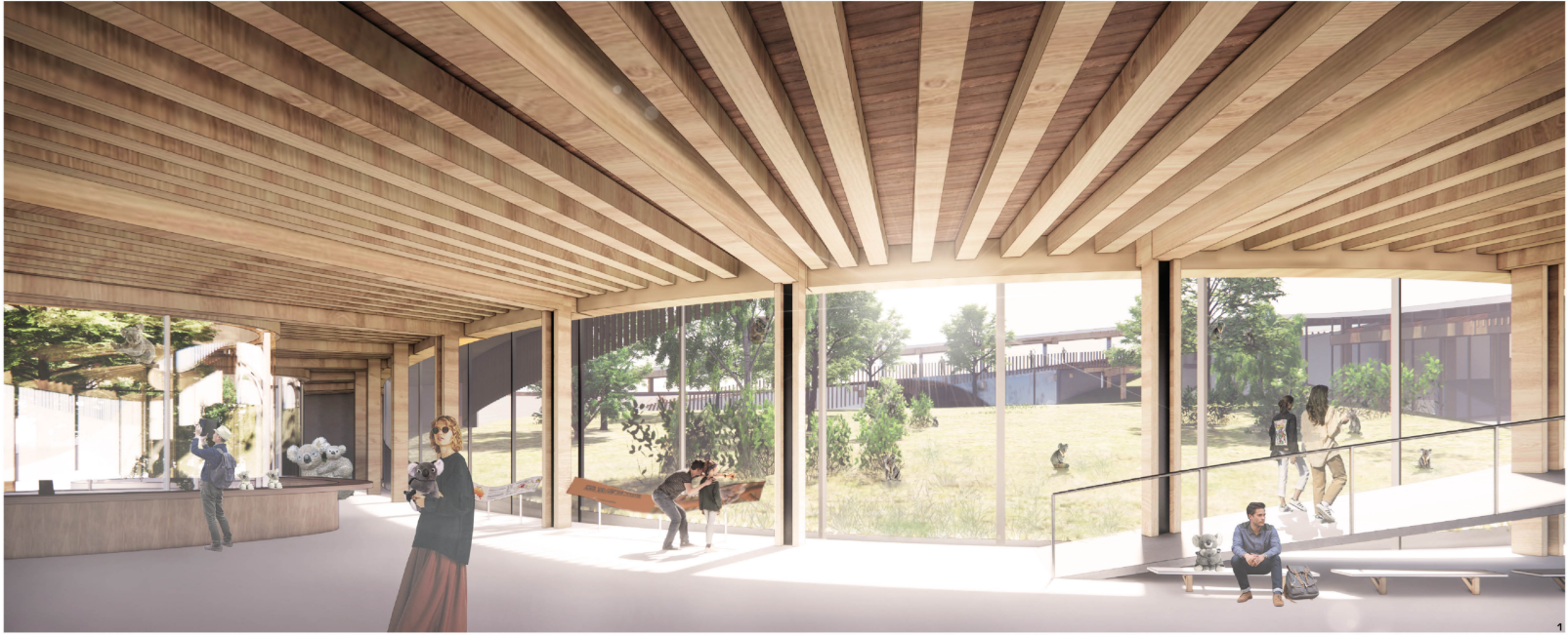 Interior view showcasing timber structure and immersive visual connection to the koala habitat.