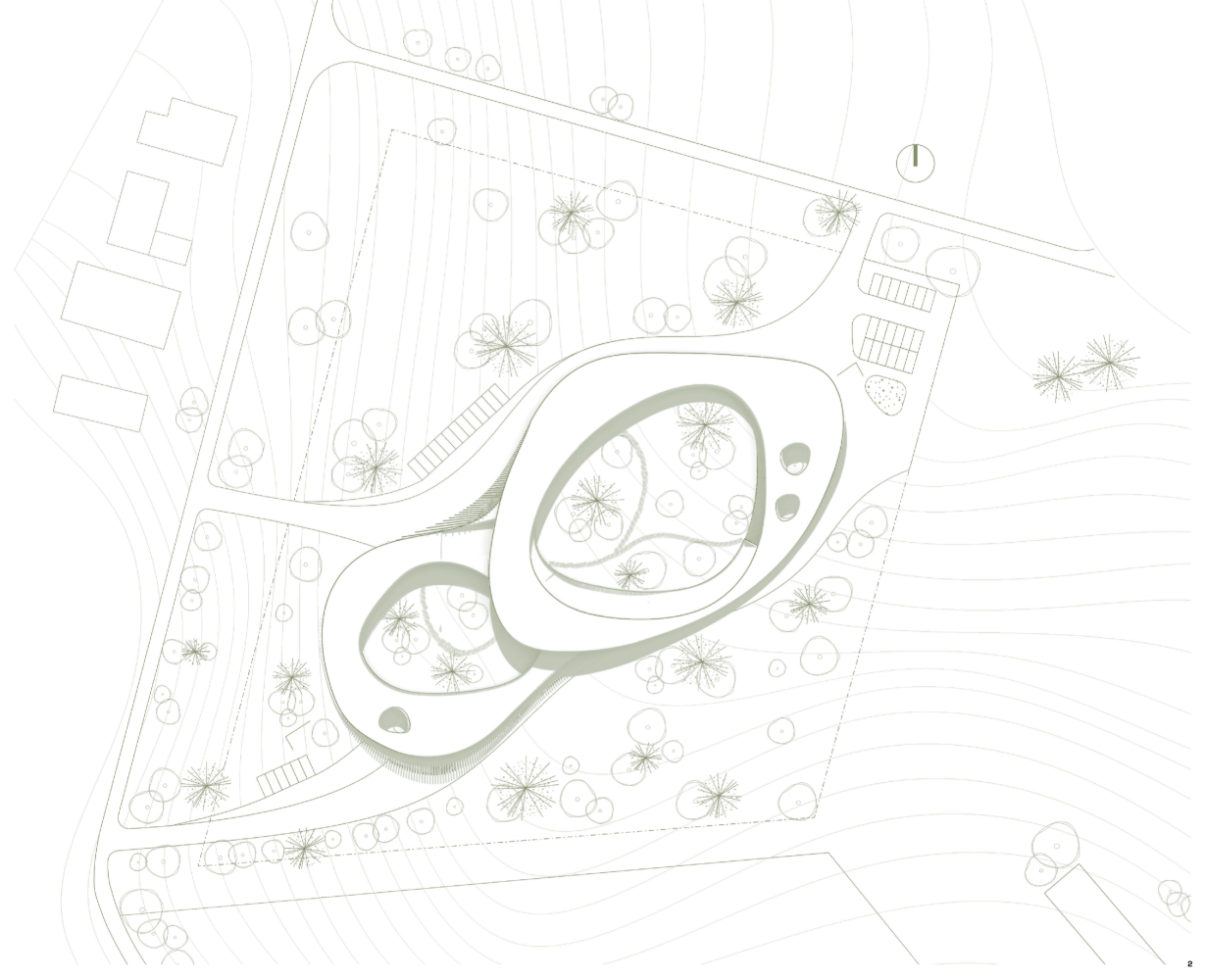 Site plan illustrating the organic dual-ring form integrated with terrain and circulation flows.