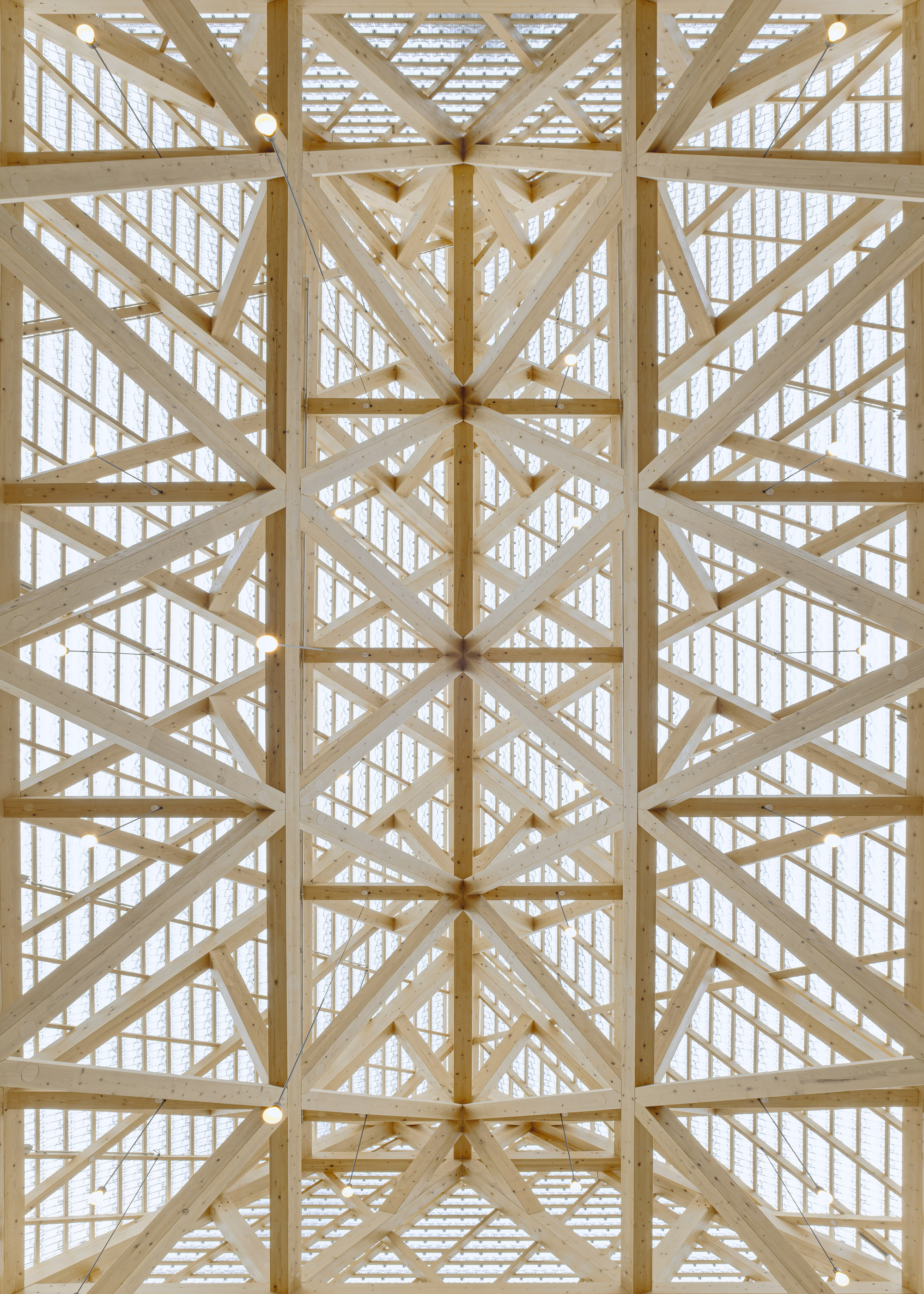 Looking up at the geometric timber roof structure forming a diamond-patterned ceiling grid