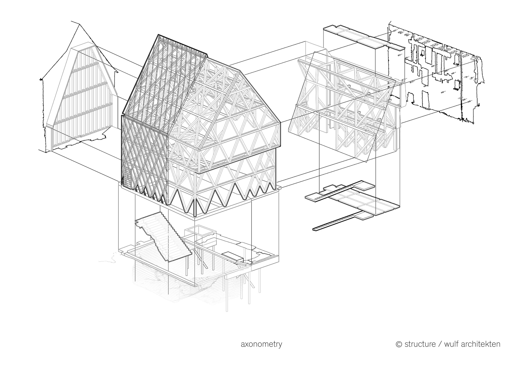 Axonometric drawing revealing the building's internal structure with a central domed roof and surrounding floor plates